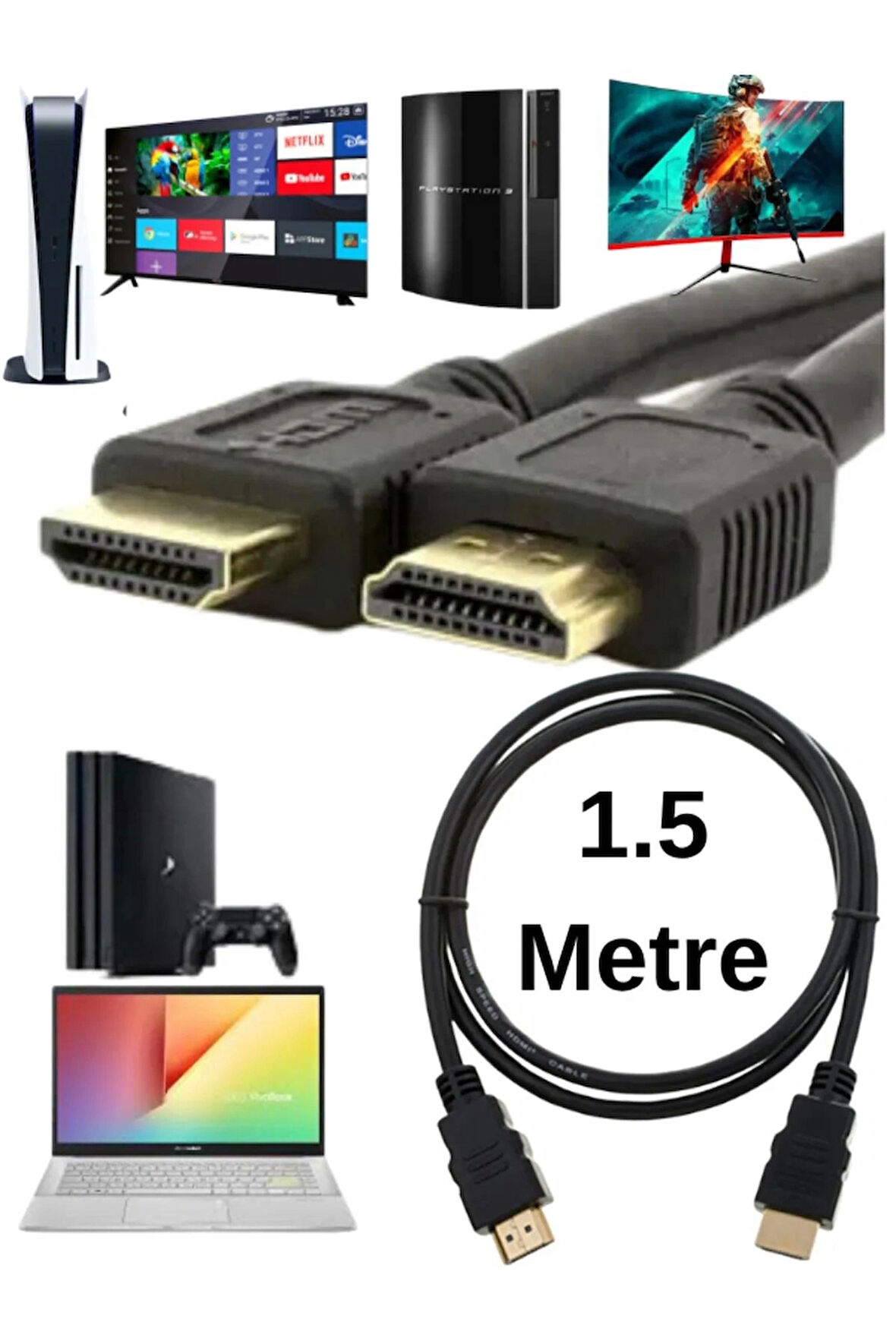Hdmı Kablo 1.5 Metre 4K HDMI Kablo | PS3 PS4 PS5 TV Laptop PC Uyumlu | Çift Sargılı Full HD MPIA