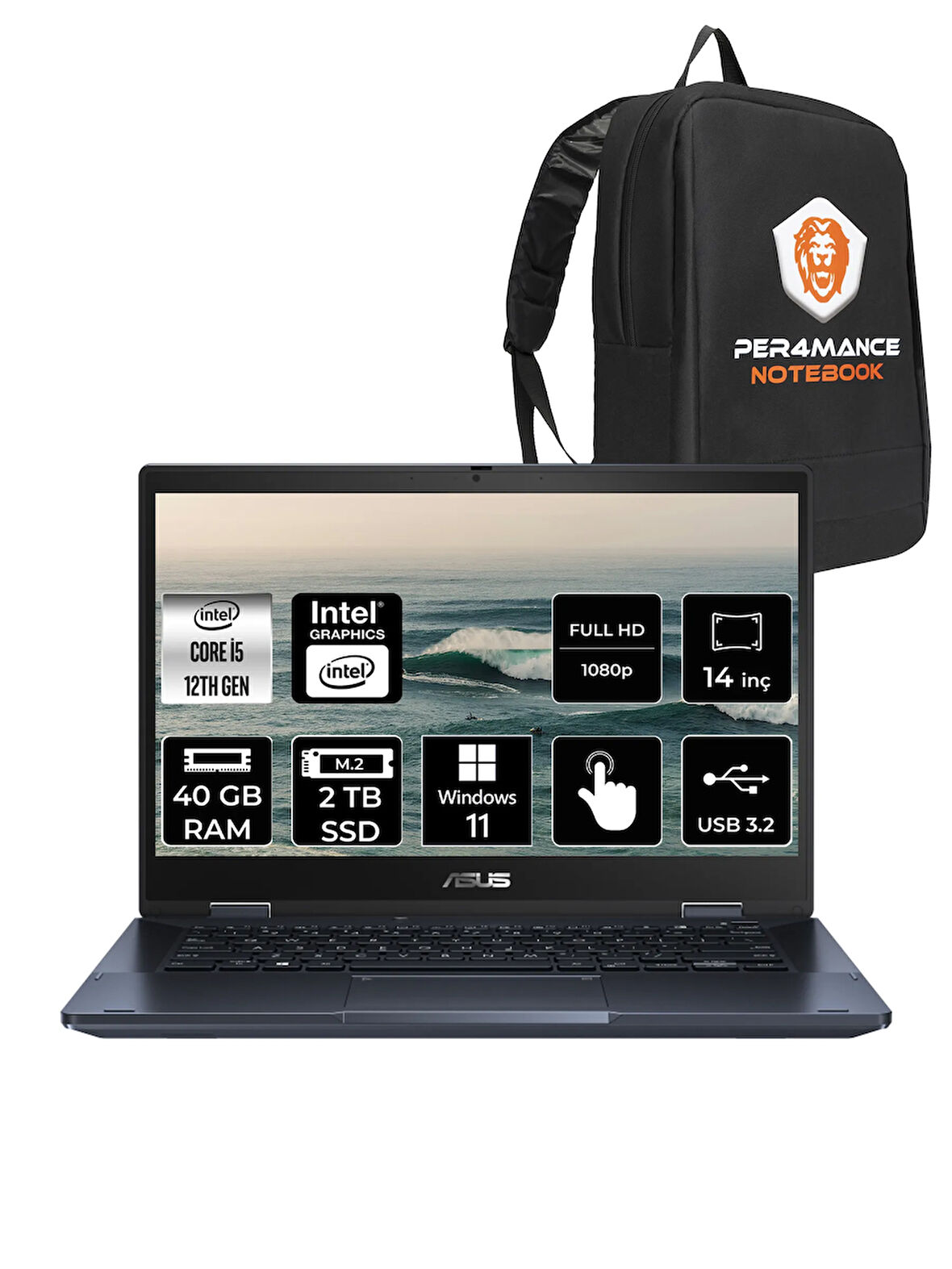 ASUS Expertbook B3 Flip i5 1235U 40GB RAM 2TB SSD 14" FHD W11H Dokunmatik Bilgisayar & PER4 ÇANTA