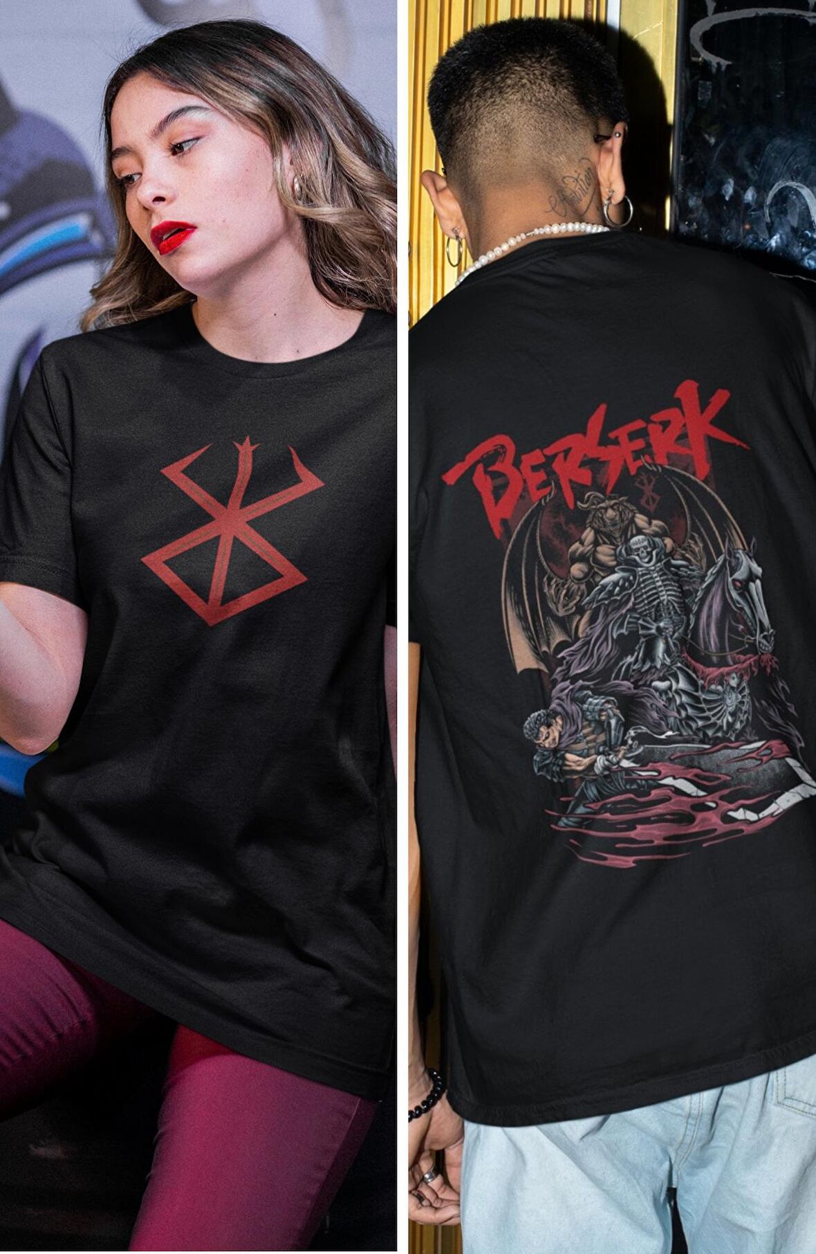Unisex Sırt Baskılı Özel Tasarım Berserk Tişört, Oversize Anime Baskılı T-Shirt