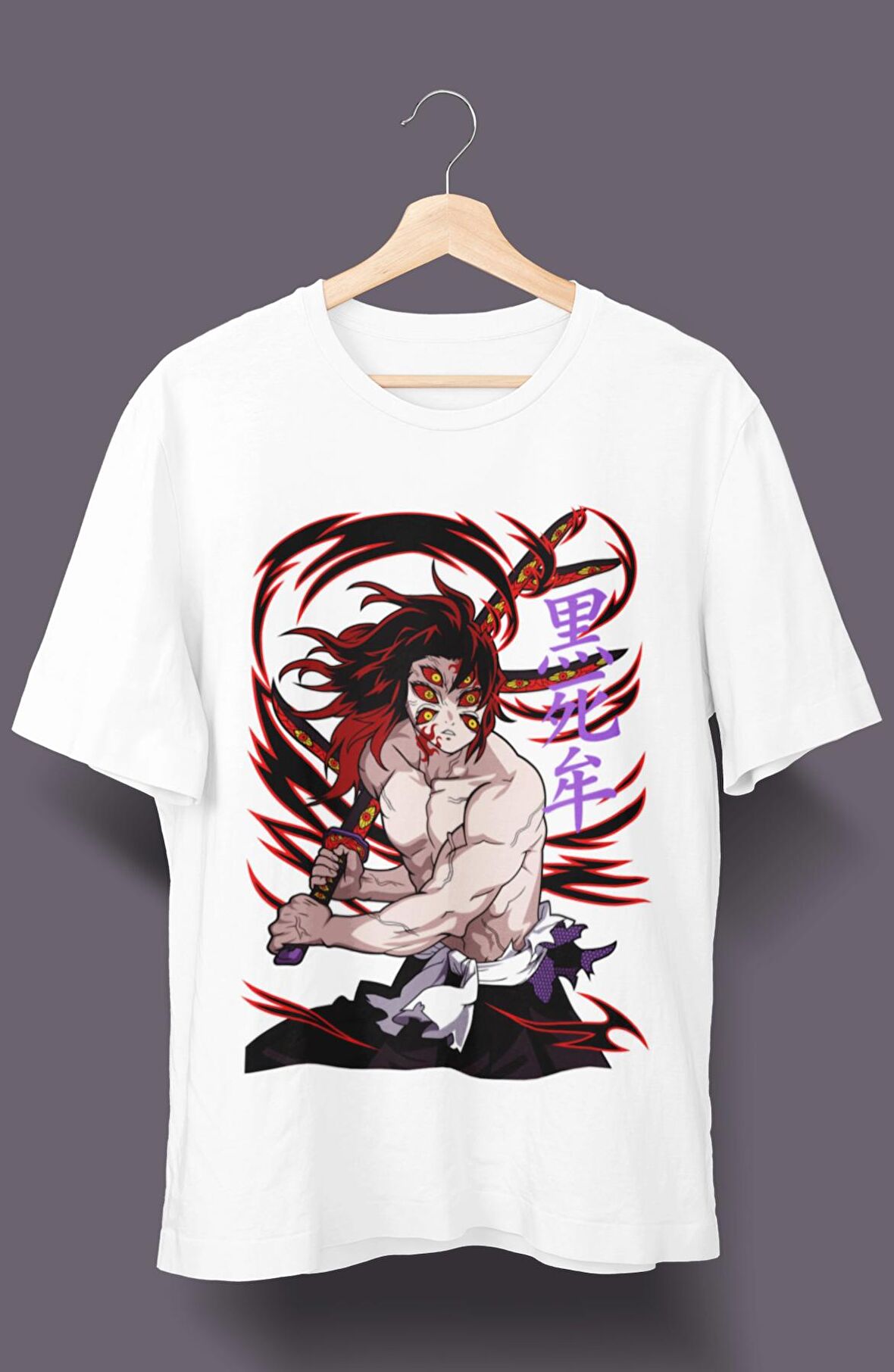 Oversize Demon Slayer Kokushibo Karakteri Tişört, Unisex Anime Baskılı T-Shirt