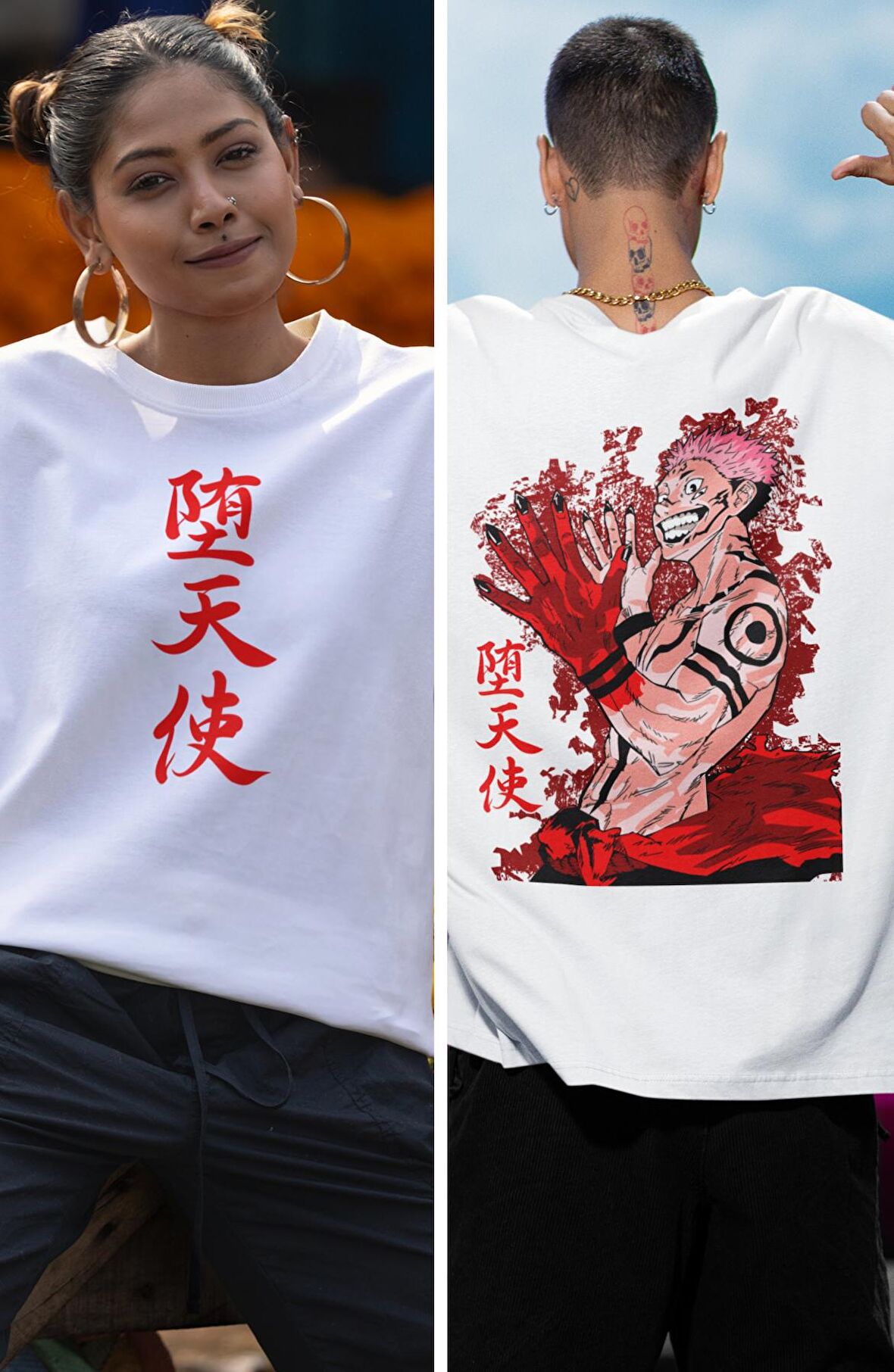 Oversize Sırt Baskılı Sukuna Tişört, Unisex Jujutsu Kaisen Baskı Anime T-Shirt