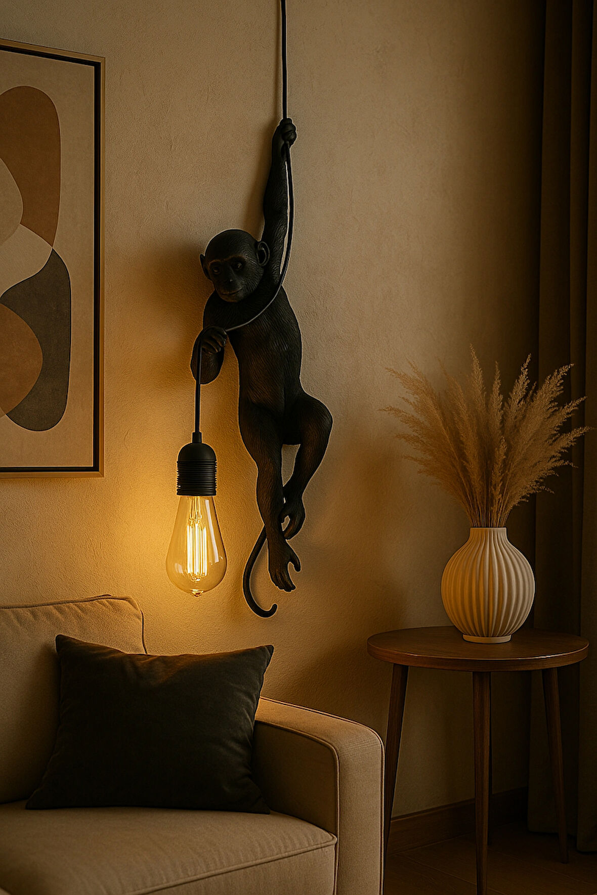 3dlab Siyah Modern Maymun Figürlü Duvar Apliği | Dekoratif Heykelsi Aydınlatma | 3D Lab Decorative