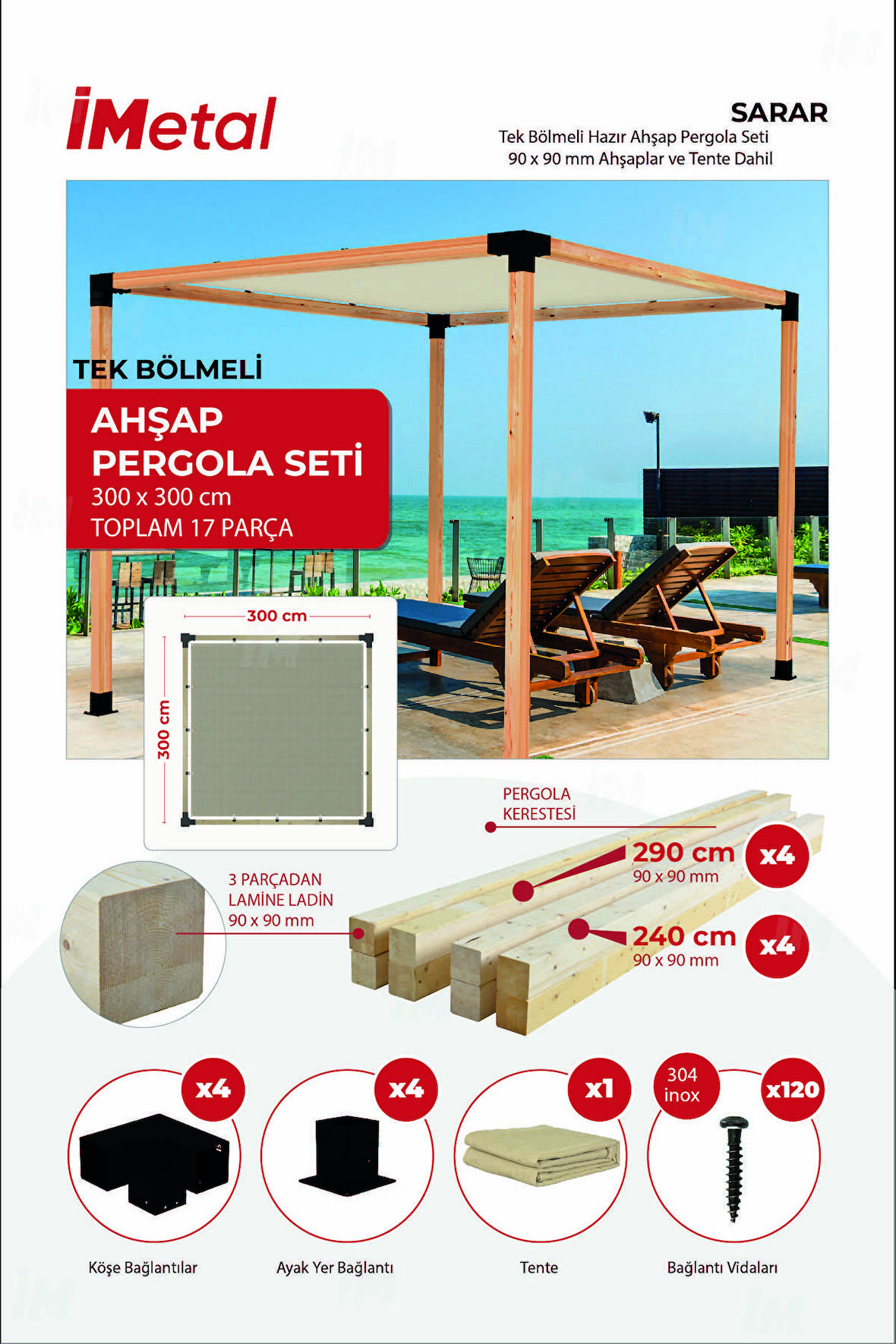 imetal Sarar Tek Bölümlü Hazır Ahşap Pergola Seti 90 x 90 mm Ahşaplar ve Tente Dahil