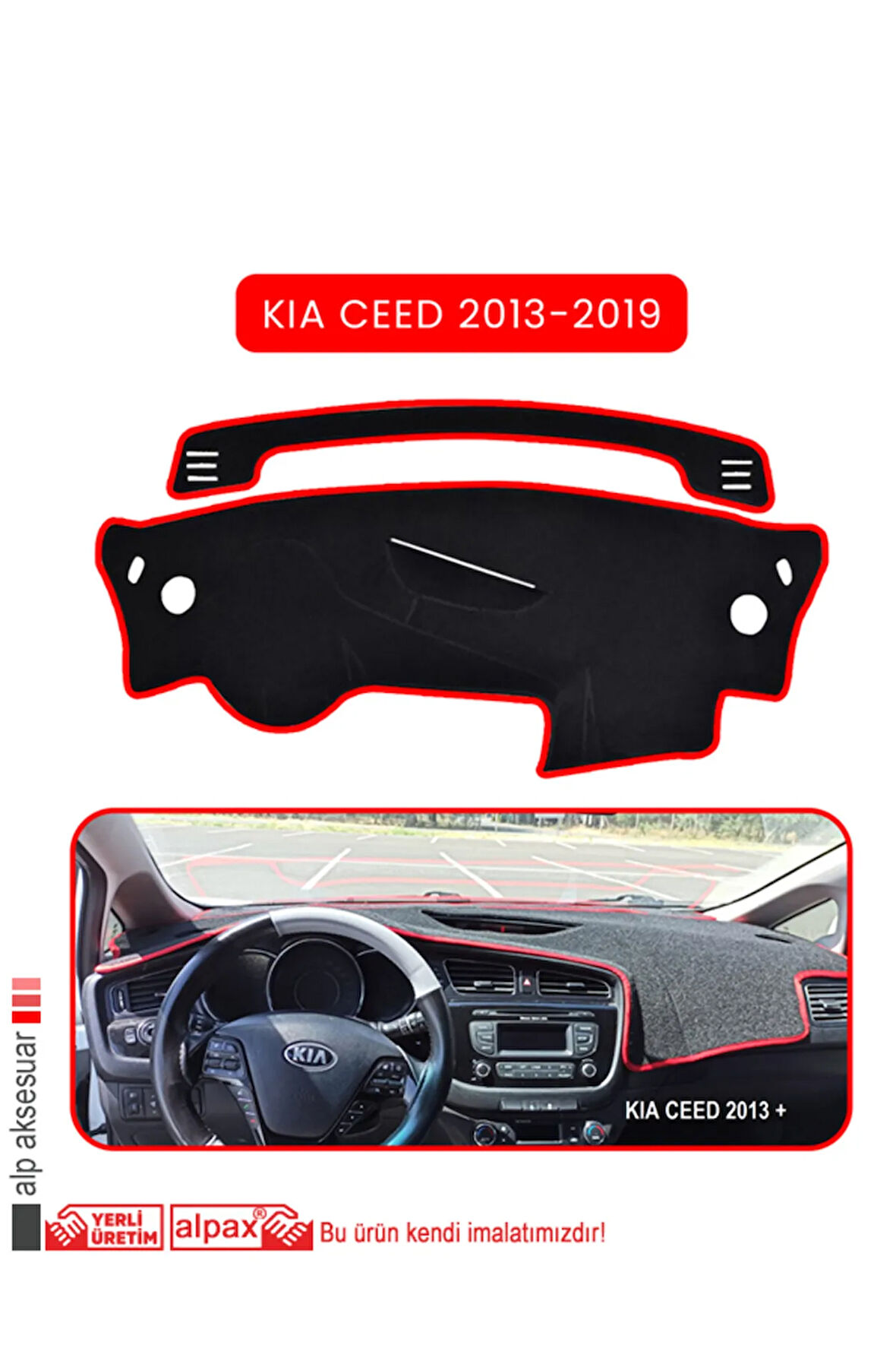 Kia Ceed 2013-2019 Torpido Koruma  Halısı -  Kırmızı Kenar
