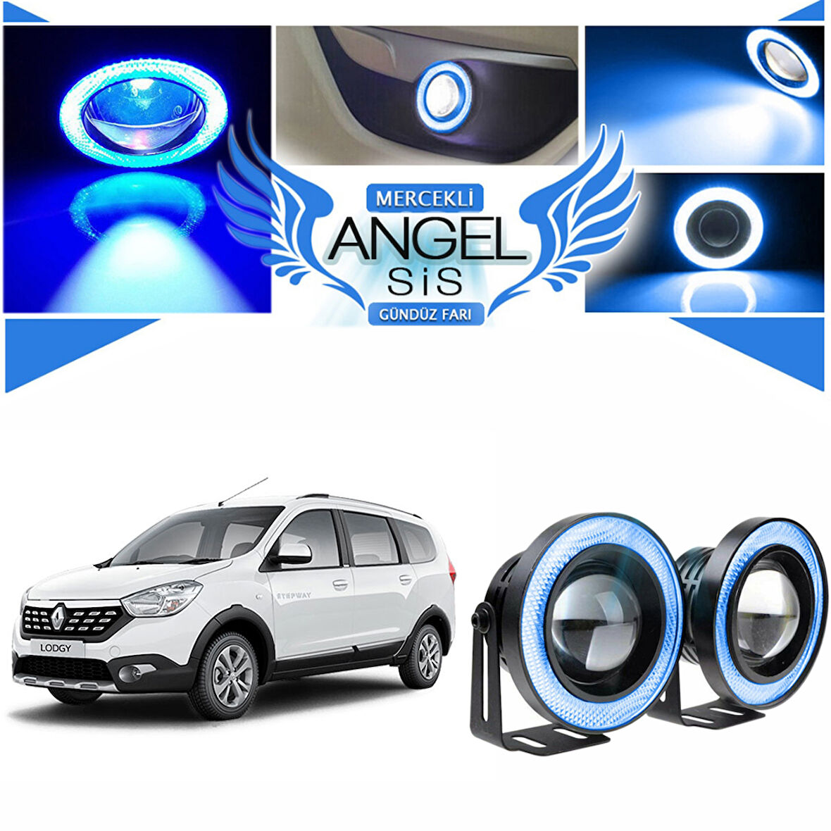 Dacia Lodgy Uyumlu, Universal Mercekli Led Angel Sis Farı, 76mm Buz Mavi Renk