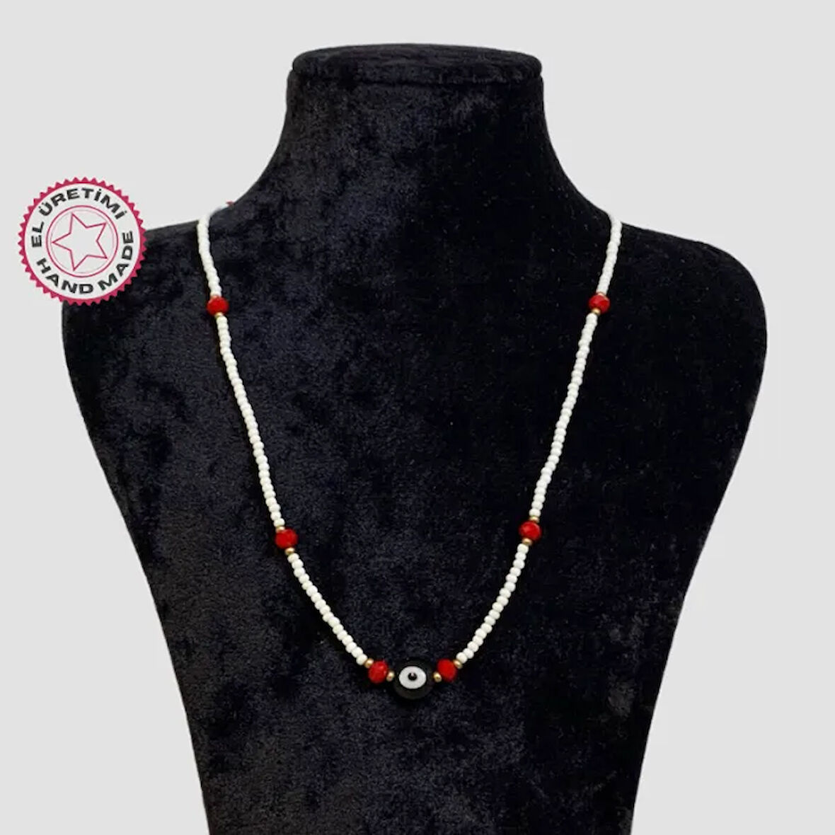 Uretti - Tuğba 6667 El Yapımı Kum Boncuk Nazar Boncuğu Figürlü Kolye - Beyaz