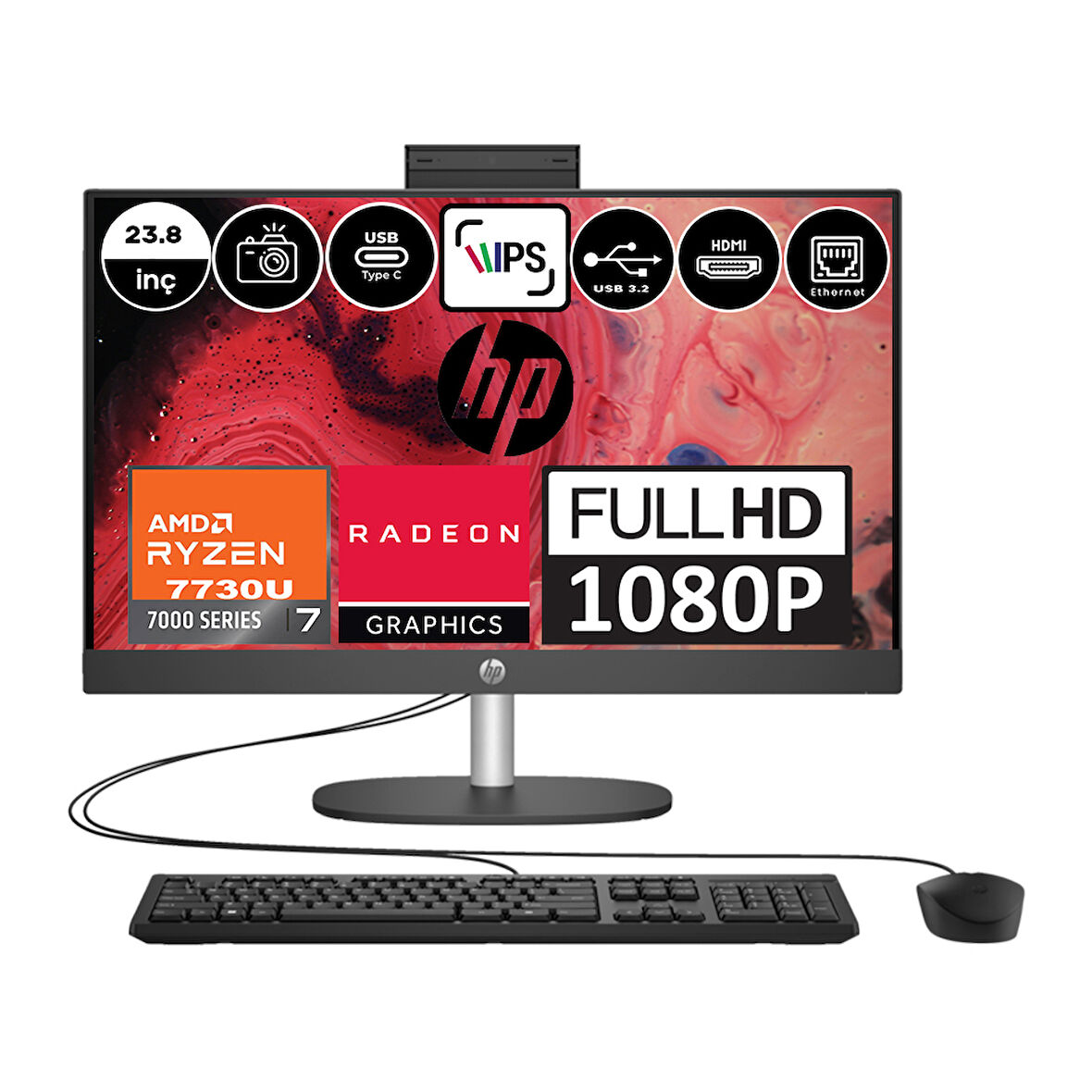 Hp 245 G10 Amd Ryzen 7 7730U 8gb 1tb SSD Amd Radeon™ Grafik Windows 11 Pro 23.8" Fhd IPS Siyah All In One Bilgisayar 9H6V2ETP02 + Zetta Flash Bellek