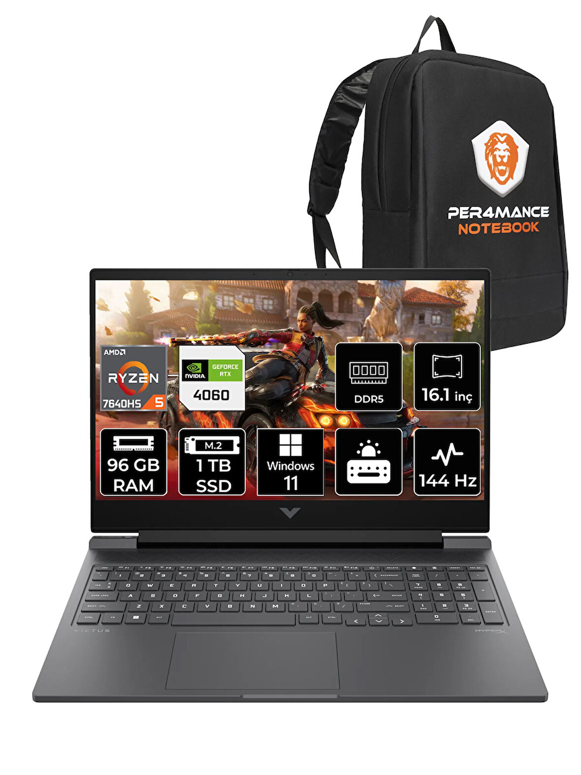 HP Victus 16 R5 7640HS 96GB RAM 1TB SSD RTX4060/8GB 144Hz 16.1'' FHD W11H Gaming Laptop & PER4 ÇANTA