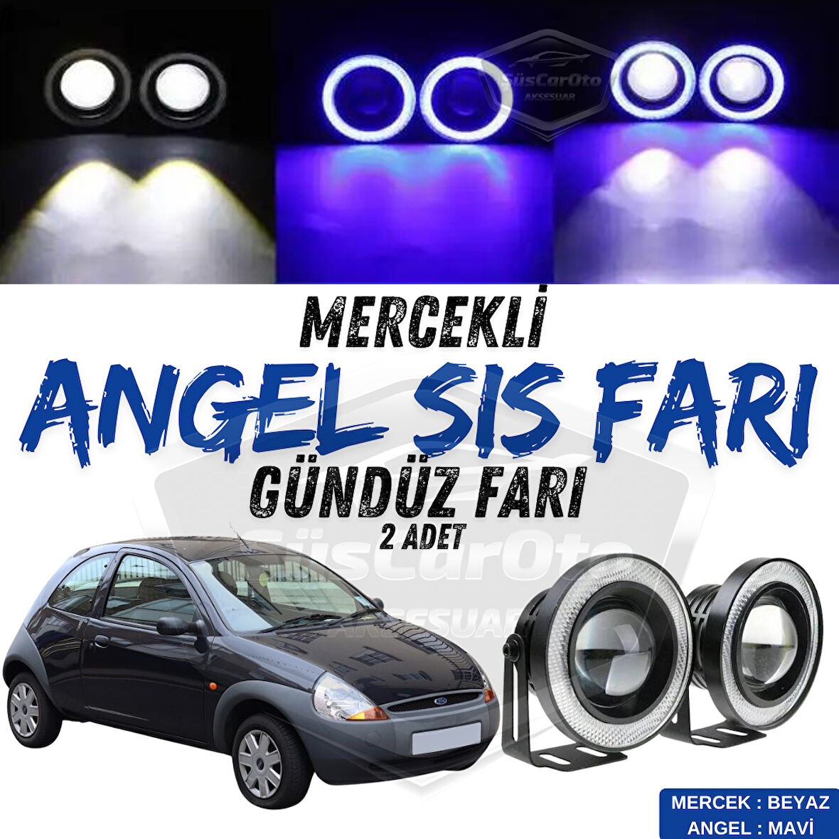 Ford Ka 1996-2008 Uyumlu Üniversal Mercekli Angel Sis Farı Metal Su Geçirmez 76 mm Mavi Halkalı Gündüz Farı Angel Eyes 2 Adet