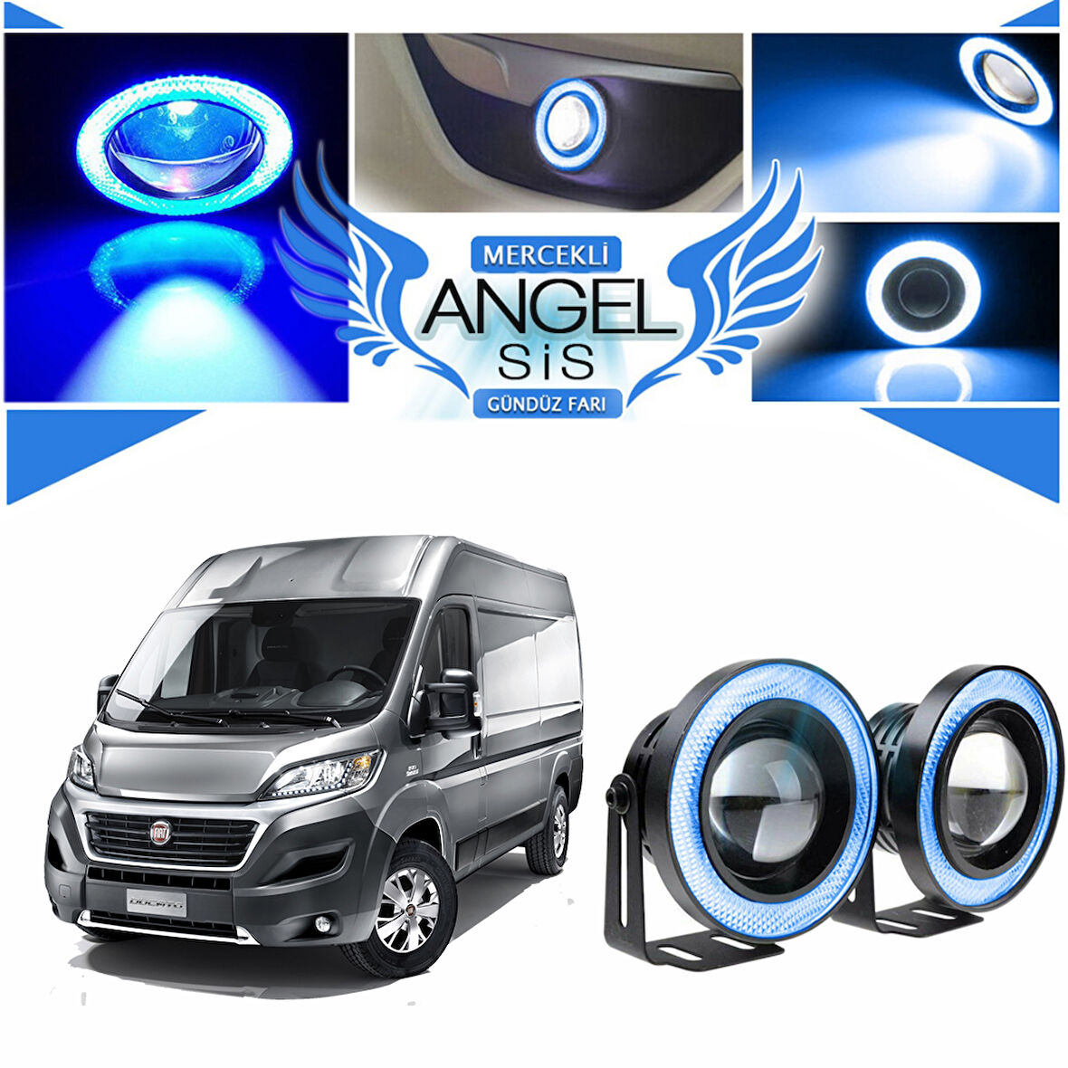 Fiat Ducato Uyumlu, Universal Mercekli Led Angel Sis Farı, 76mm Buz Mavi Renk