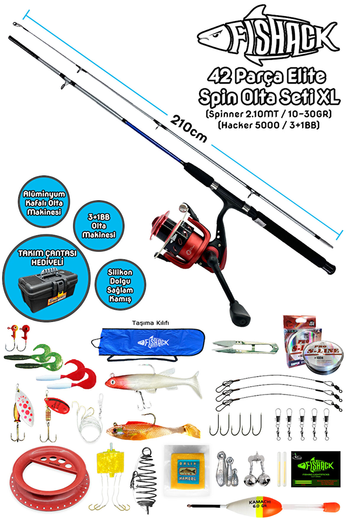 Fishack 42 Parça Elite Spin At-Çek Deniz ve Göl Olta Seti XL - 2.10MT / 10-30GR