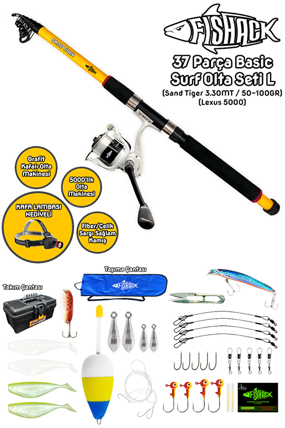 Fishack 37 Parça Surf Basic Deniz Olta Seti L - 3.30MT / 50-100GR
