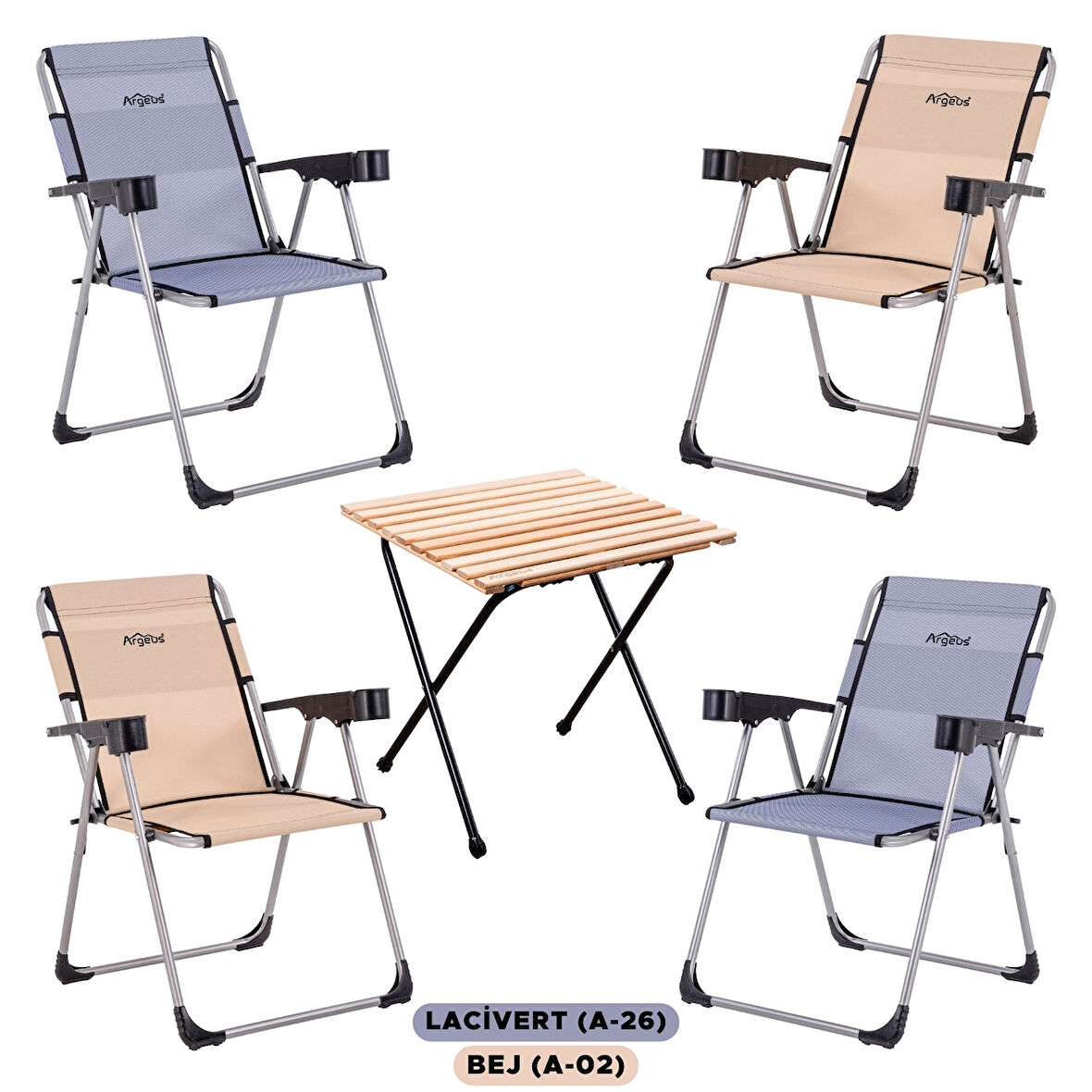 4 Adet Katlanabilir Kamp Sandalyesi ve Masa Seti - Rock - Bej / Lacivert - Bardaklıklı - 140 KG Taşıma