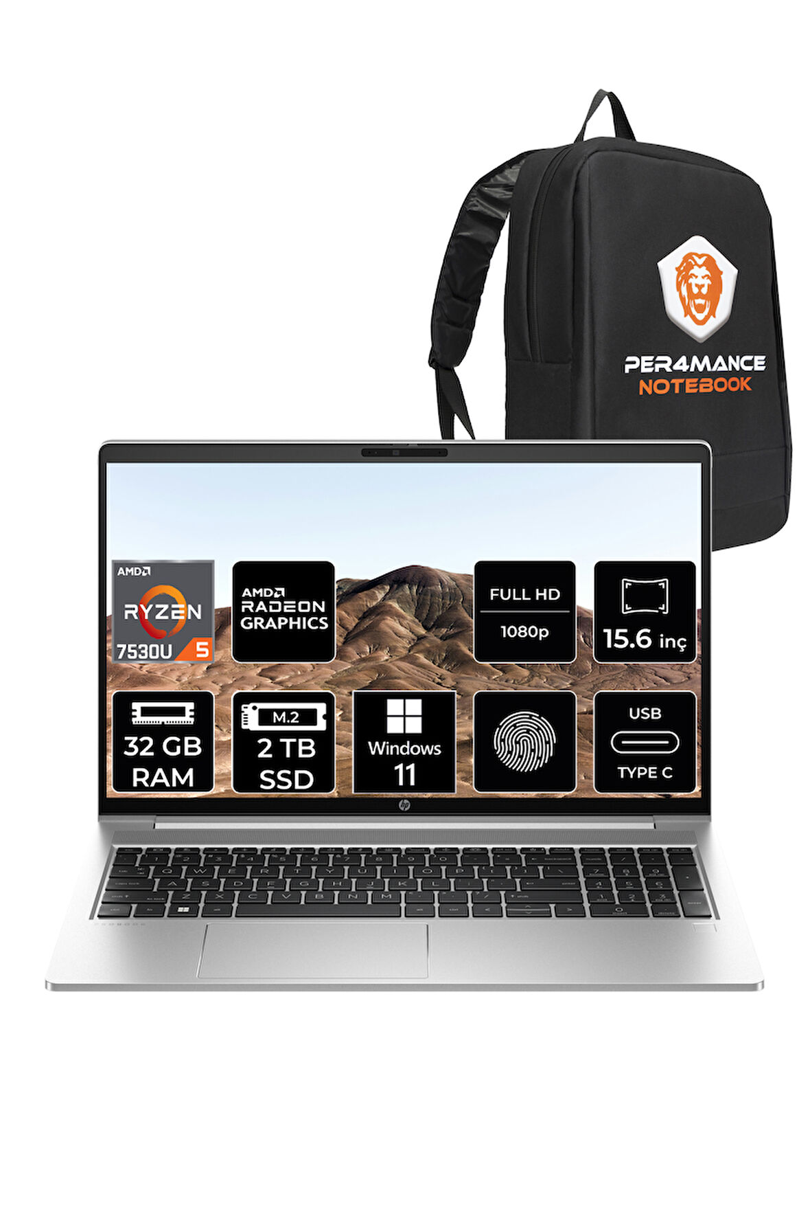 HP ProBook 455 G10 R5 7530U 32GB RAM 2TB SSD 15.6'' FHD W11HOME Dizüstü Bilgisayar & PER4 ÇANTA