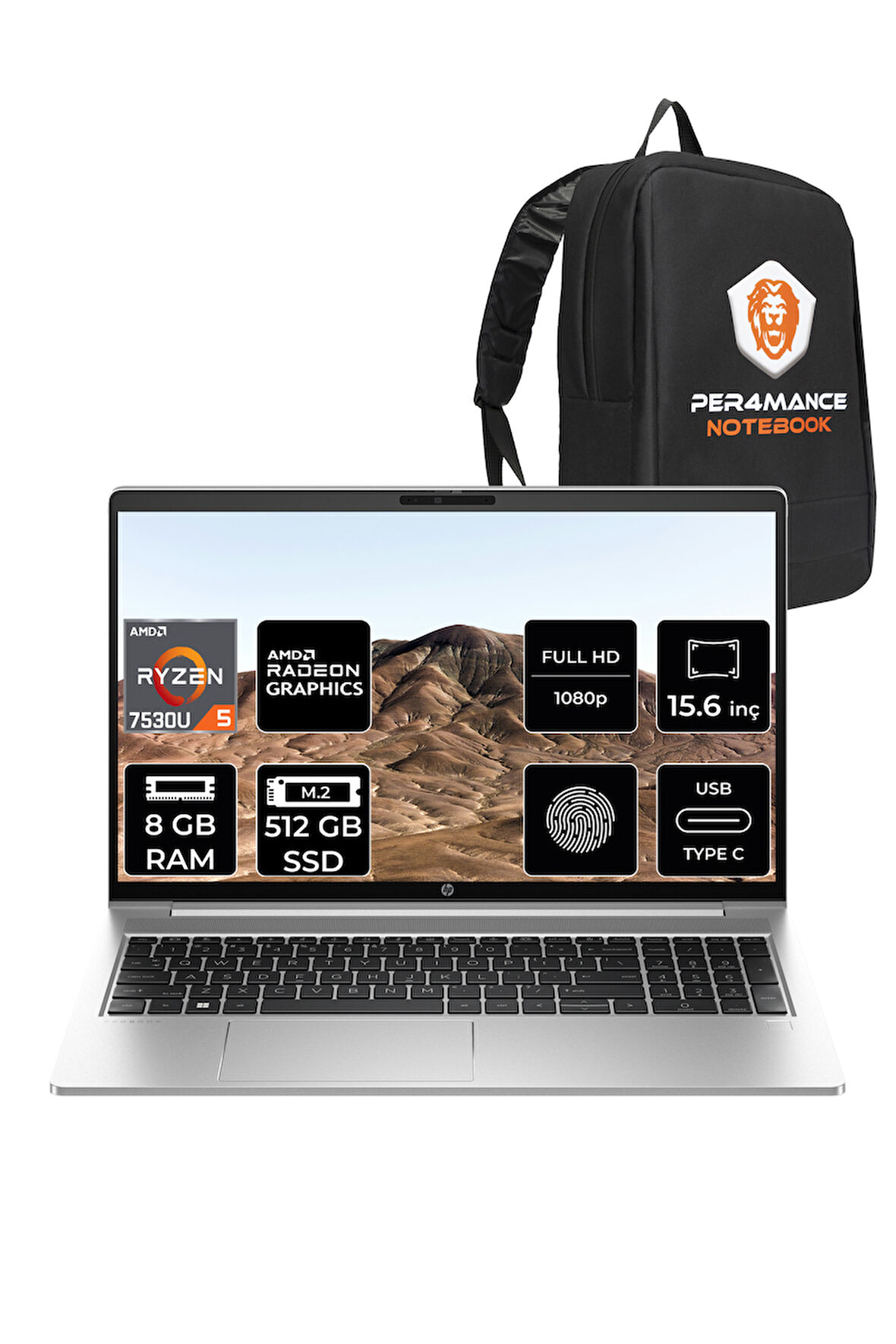 HP ProBook 455 G10 R5 7530U 8GB RAM 512GB SSD 15.6'' FHD FDOS Dizüstü Bilgisayar & PER4 ÇANTA