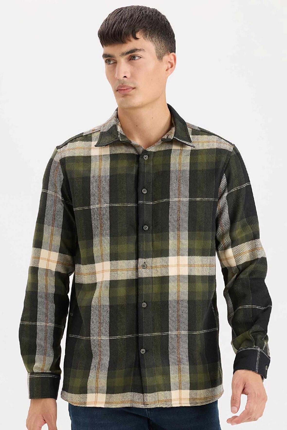 DeFacto Regular Fit Polo Yaka Kareli Flanel Uzun Kollu Gömlek D5835AX24AUNV64
