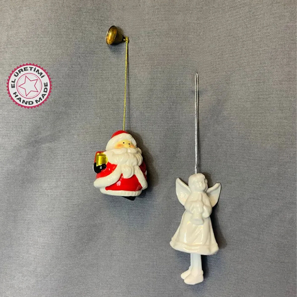 Uretti - Funda 1603 - El Yapımı Seramik Noel Baba ve Melek Biblo- Yılbaşı Ağaç Süsü - 8 x 13 cm