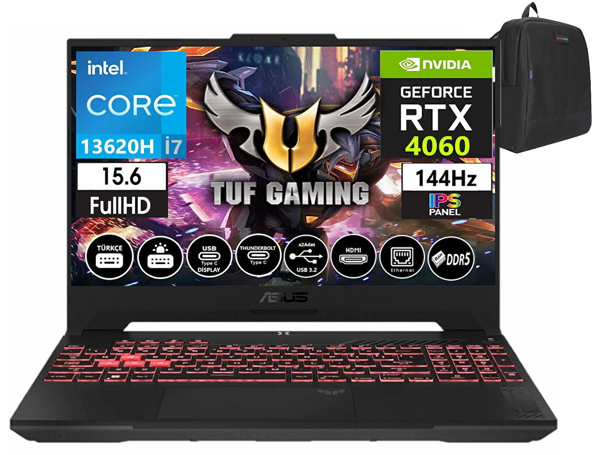 Asus Tuf Gaming F15 FX507VV-LP242 13. Nesil Intel I7-13620H 16GB Ddr5 Ram  512GB SSD Freedos 15.6 Inç Fhd 144Hz 8GB/RTX4060 140W Taşınabilir Bilgisayar FX507VV-LP24201+WEBLEGELSINÇANTA