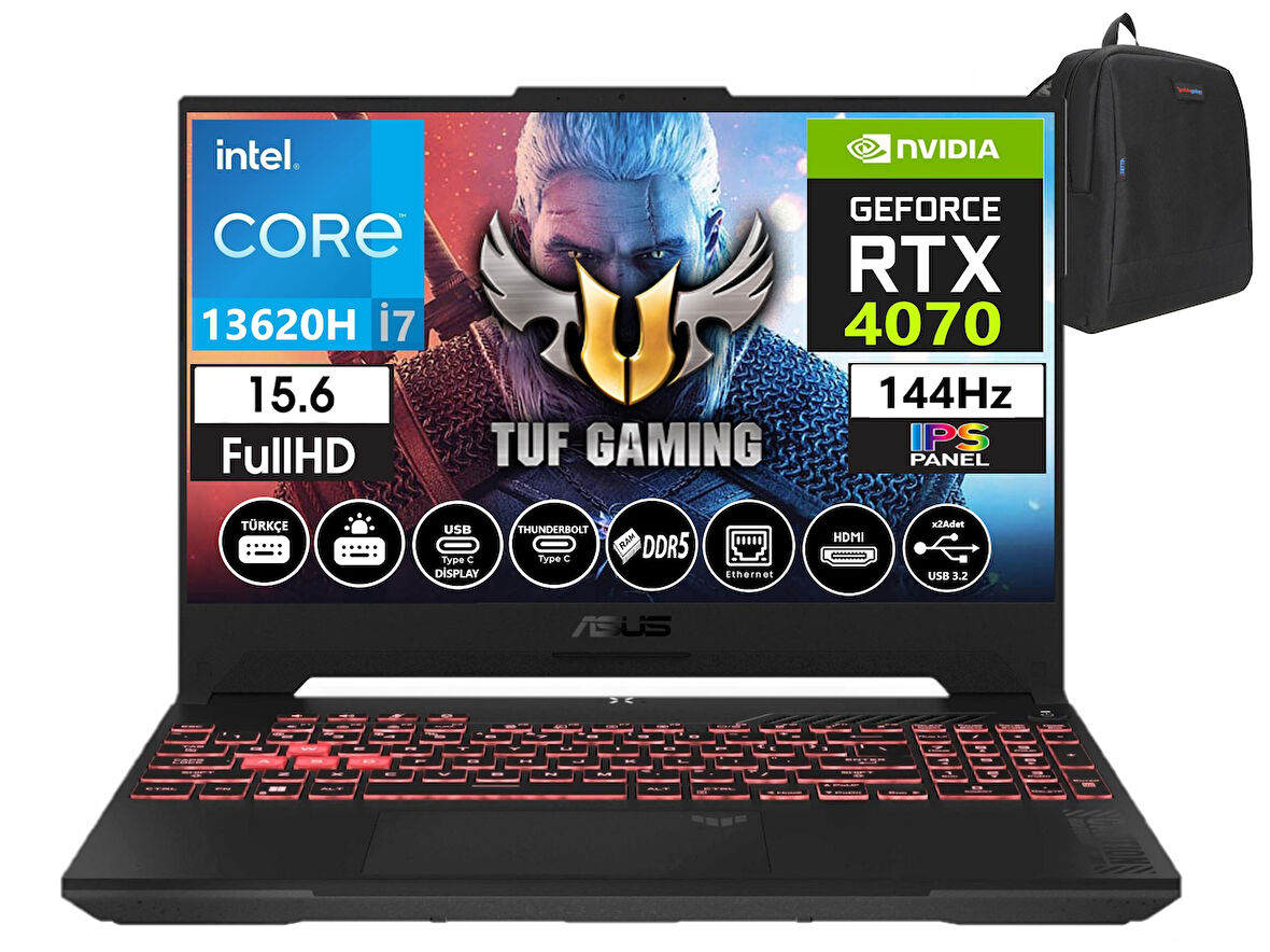 Asus Tuf Gaming F15 FX507VI-LP096 13. Nesil Intel I7-13620H 96GB Ddr5 Ram  512GB SSD WINDOWS11PRO 15.6 Inç Fhd 144Hz 8GB/RTX4070 140W Taşınabilir Bilgisayar FX507VI-LP09645+WEBLEGELSINÇANTA