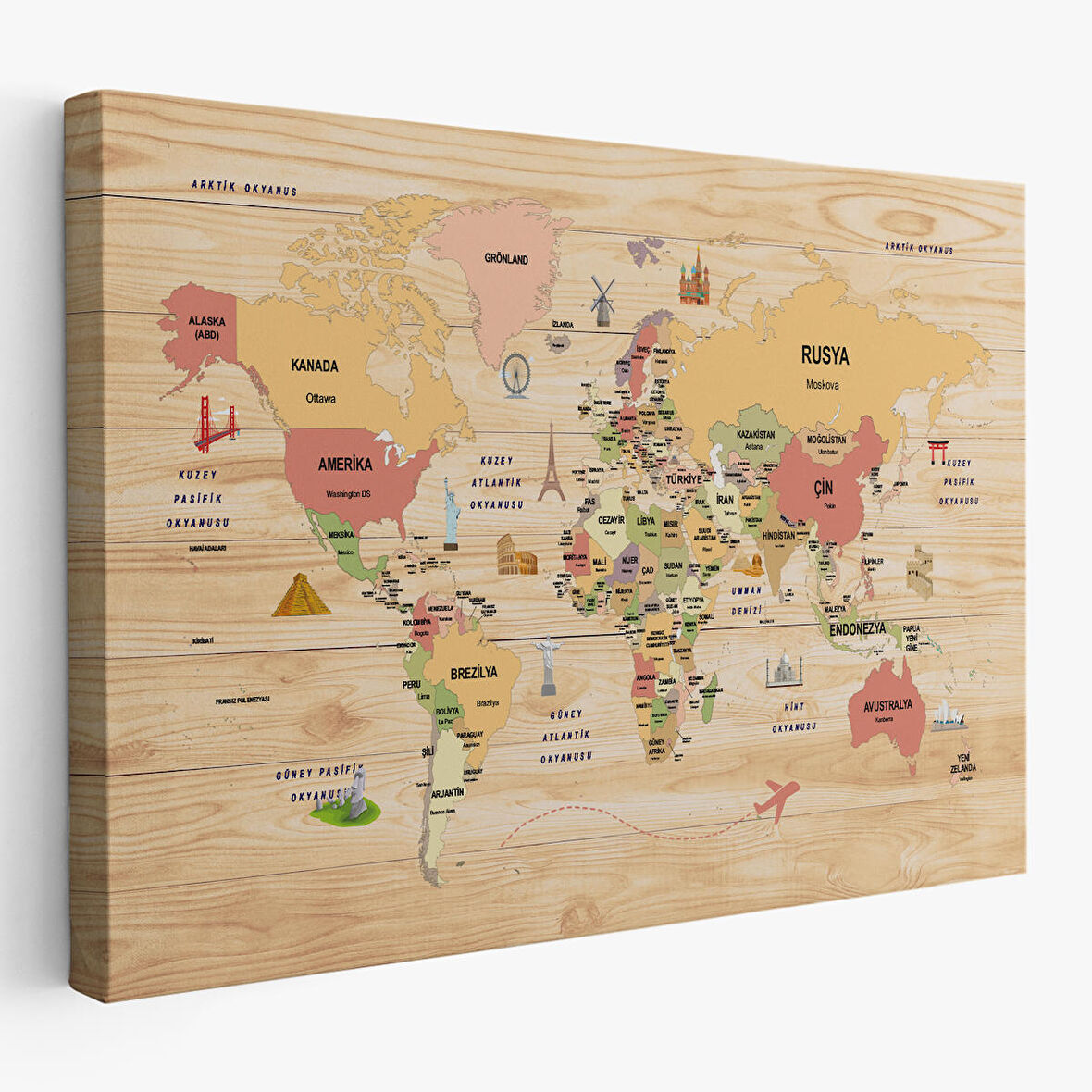 Harita Sepeti Ahşap Görünümlü Türkçe Dünya Haritası Dekoratif Kanvas Tablo 2088