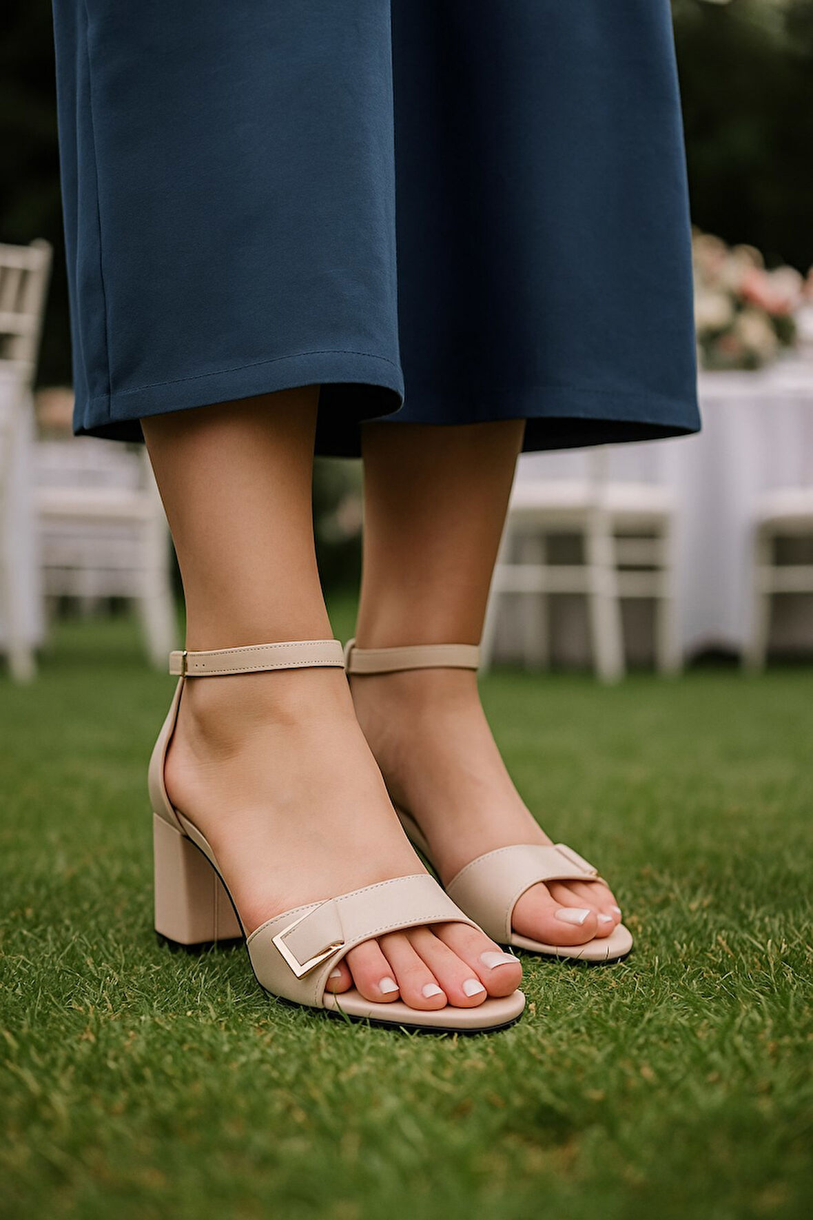 Günlük Kadın Sandalet Tokalı Kalın Topuklu Bantlı Bilekten Bağlı Oval Burunlu Rahat Taban 209