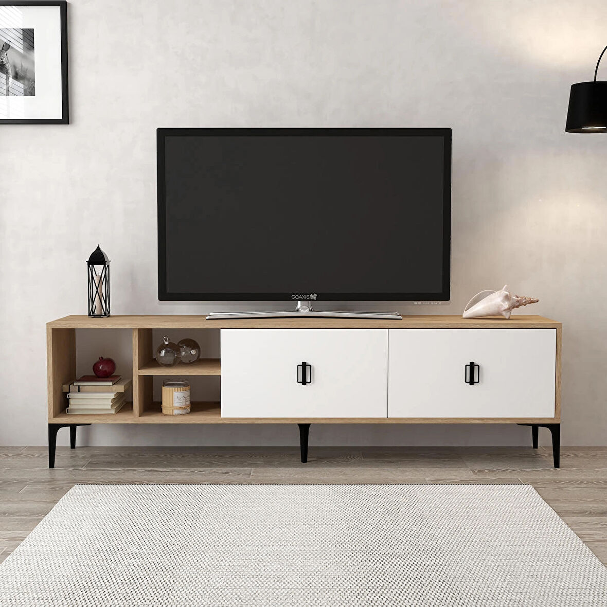 3804 Era Tv Ünitesi 180 Cm 2 Kapaklı , Raflı , Sepet - Beyaz Tv Sehpası
