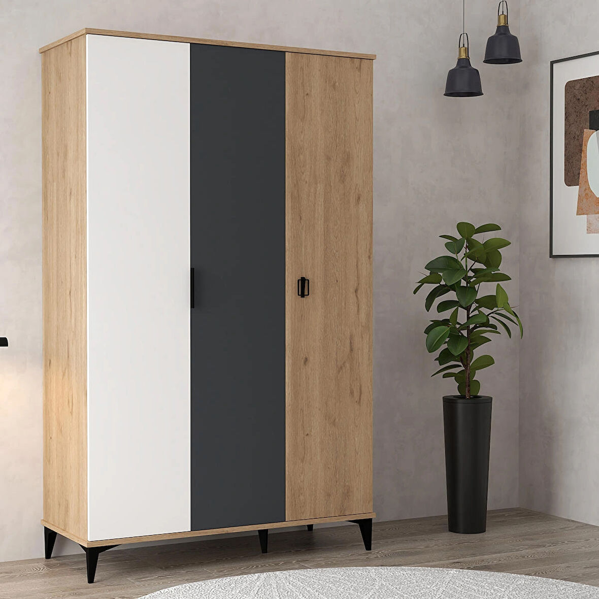 6302 Neva 3 Kapılı 200 Cm Gizli Çekmeceli Gardırop , Elbise Dolabı , Genç Odası Antrasit Beyaz Sepet