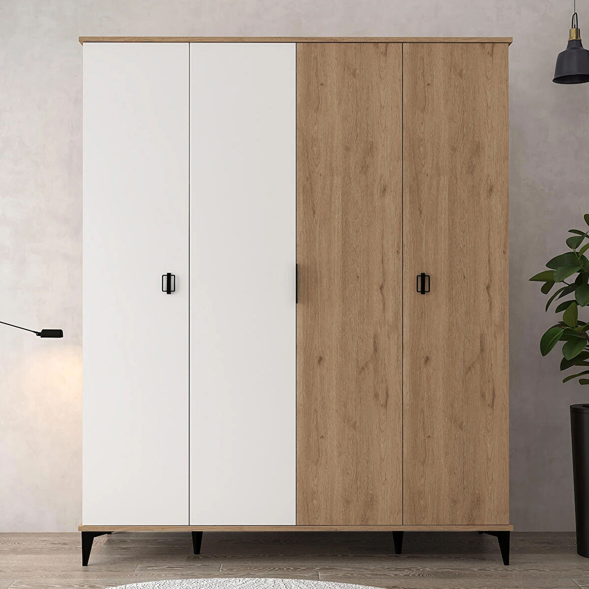6403 Neva 4 Kapılı 200 Cm Gizli Çekmeceli Gardırop , Elbise Dolabı , Genç Odası Beyaz - Sepet