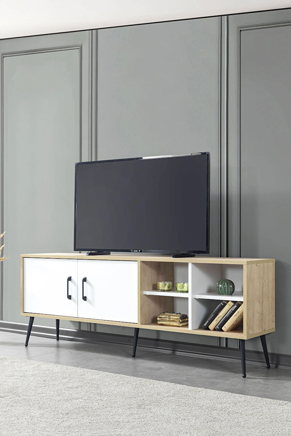 3611 Şile Metal Ayaklı Metal Kulplu 160 Cm Tv Ünitesi - Beyaz Safir