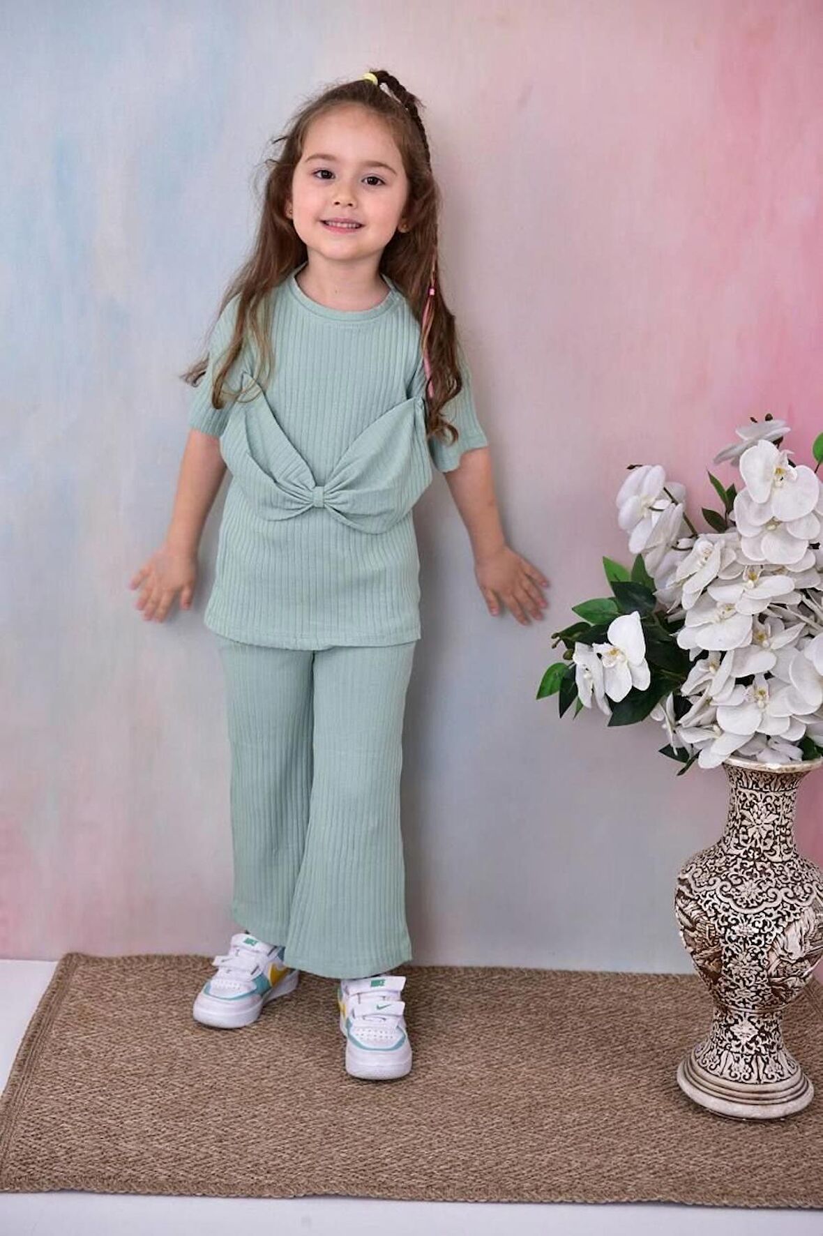 Kız Çocuk Fiyonk Detaylı Düz Renk Alt Üst Takım
