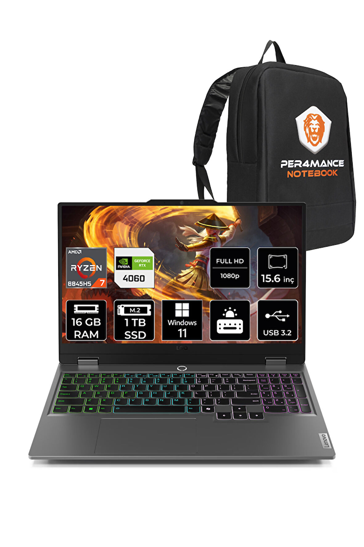 Lenovo LOQ AI R7 8845HS 16GB 1TB SSD RTX4060/8GB 115W FHD 15.6" W11H Gaming Laptop & PER4 ÇANTA