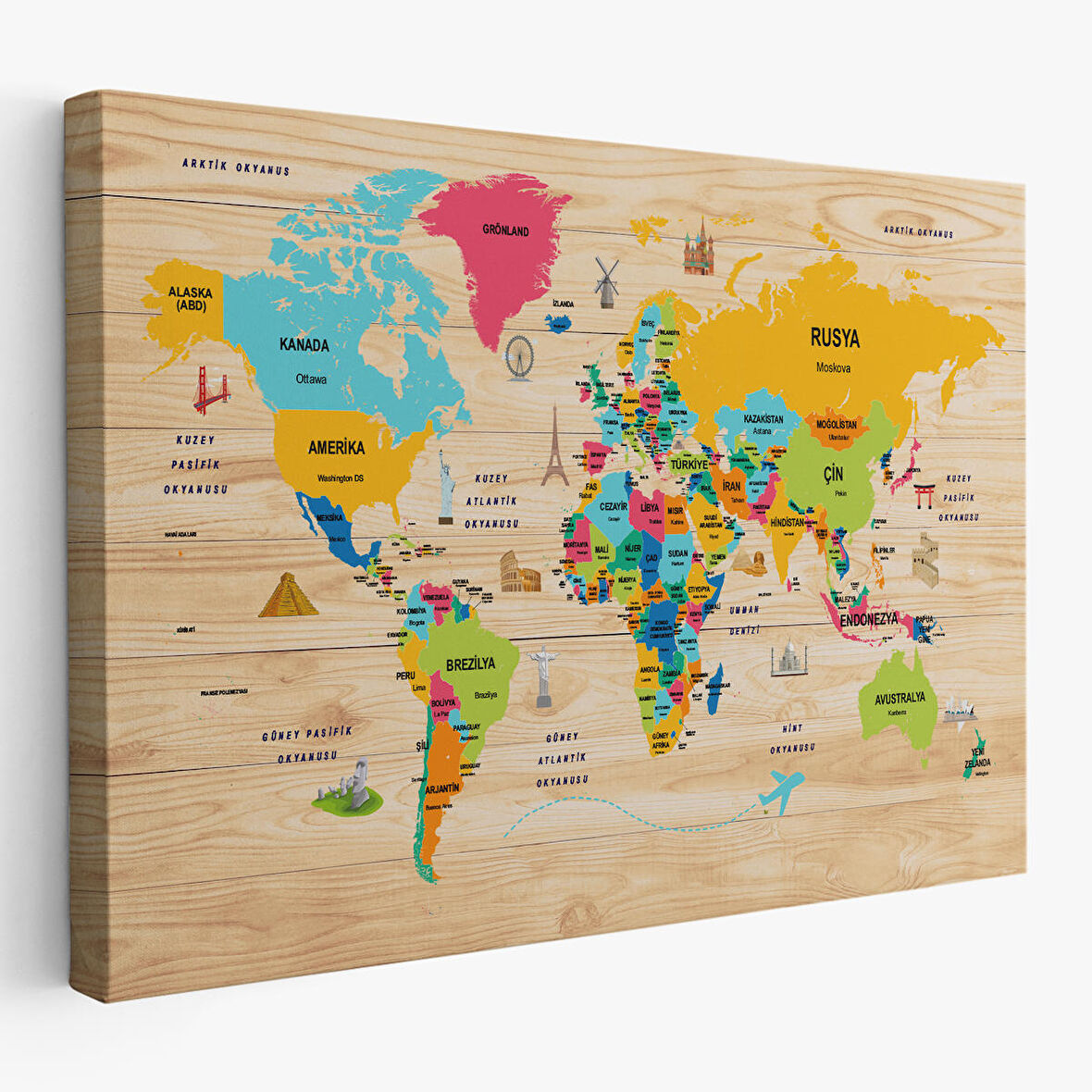 Harita Sepeti Ahşap Görünümlü Türkçe Dünya Haritası Dekoratif Kanvas Tablo 2096