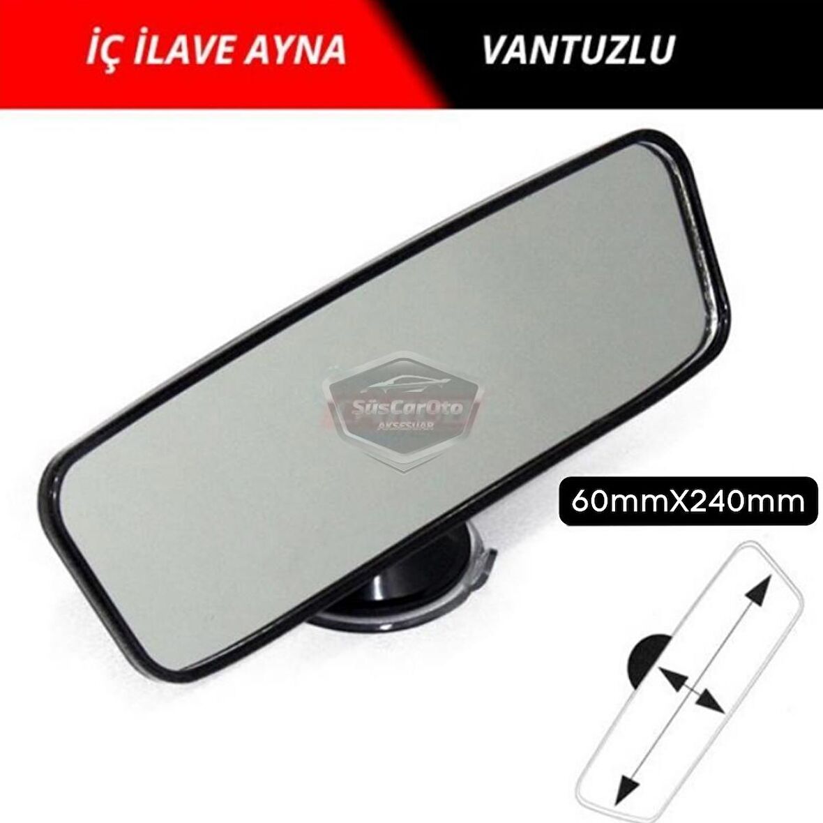 Her Araca Uyumlu Siyah Çerçeveli Dikiz Aynası 60 mm x 240 mm Vantuzlu İç İlave Ayna