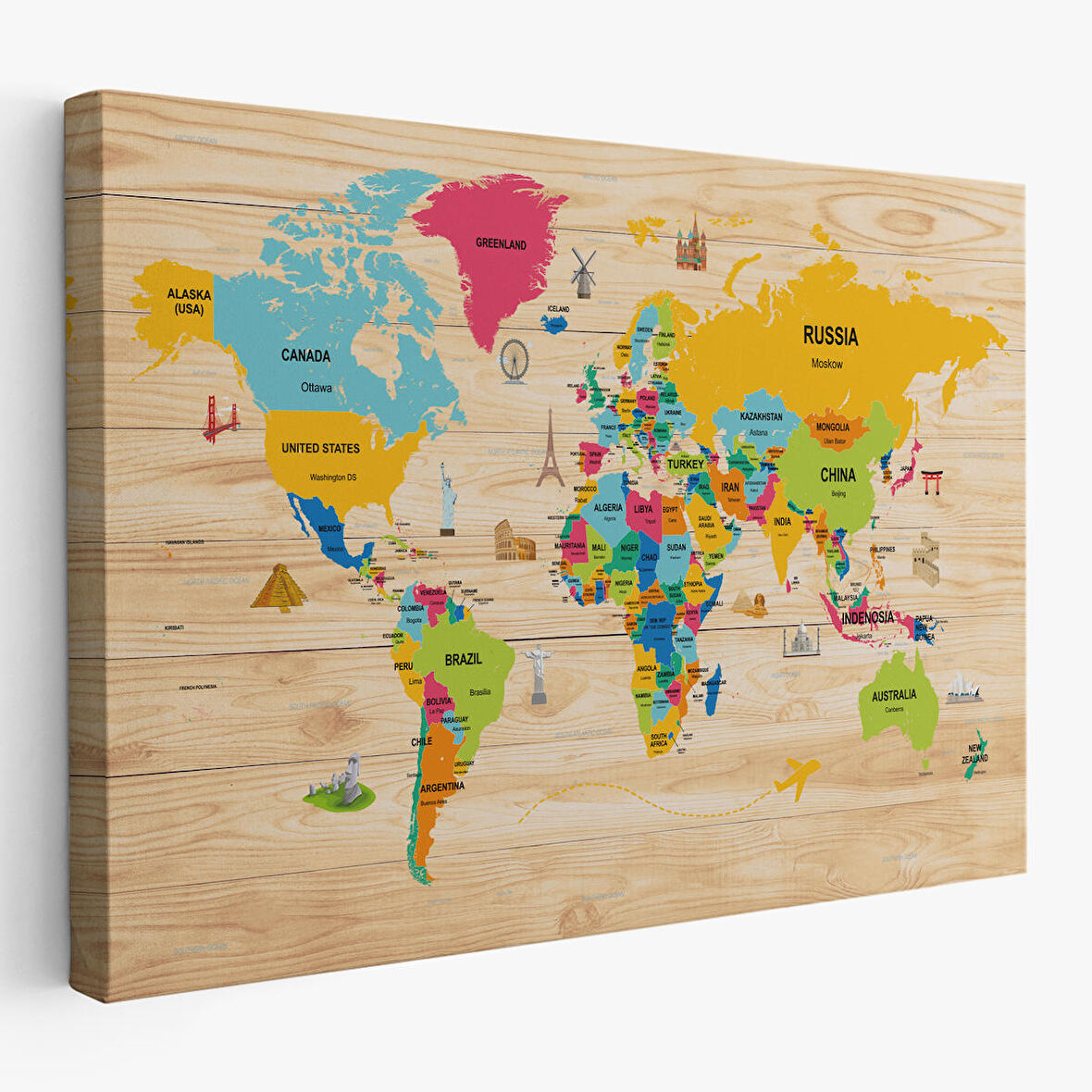 Harita Sepeti Ahşap Görünümlü Dünya Haritası Dekoratif Kanvas Tablo 2097