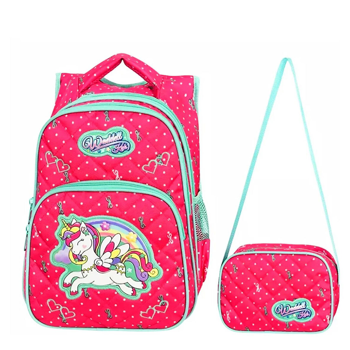 Waddell 3 Bölmeli İlkokul Çantası ve Beslenme Çantası Unicorn Benekli Pembe 24005
