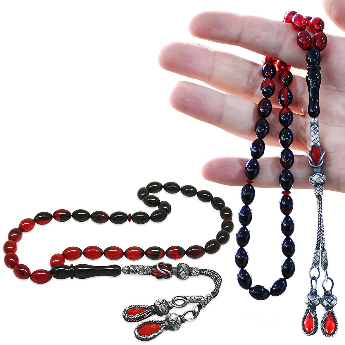 1000 Ayar Gümüş Kazaz Püsküllü Arpa Kesim Süzme Kırmızı-Siyah Ateş Kehribar Tesbih