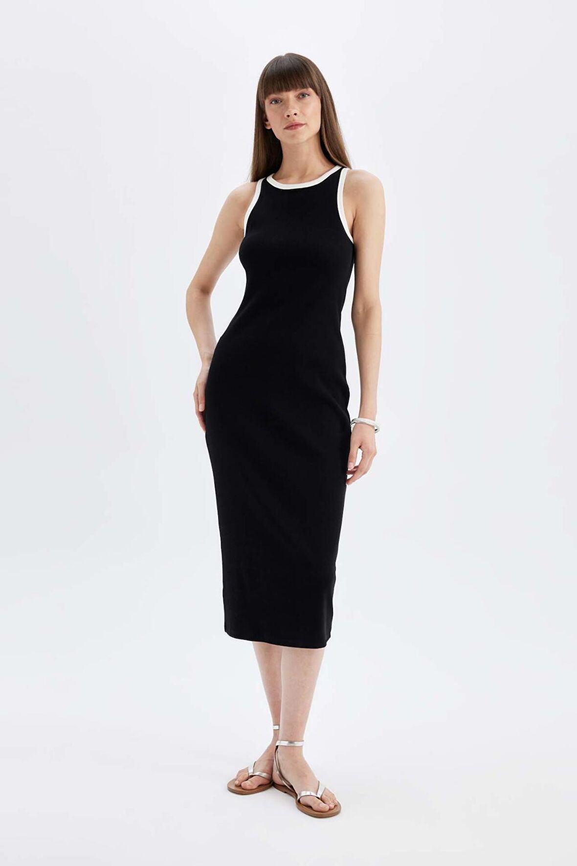 DeFacto Bodycon Vücudu Saran Basic Düz Fitilli Kaşkorse Kolsuz Midi Elbise D5302AX24HSBK81