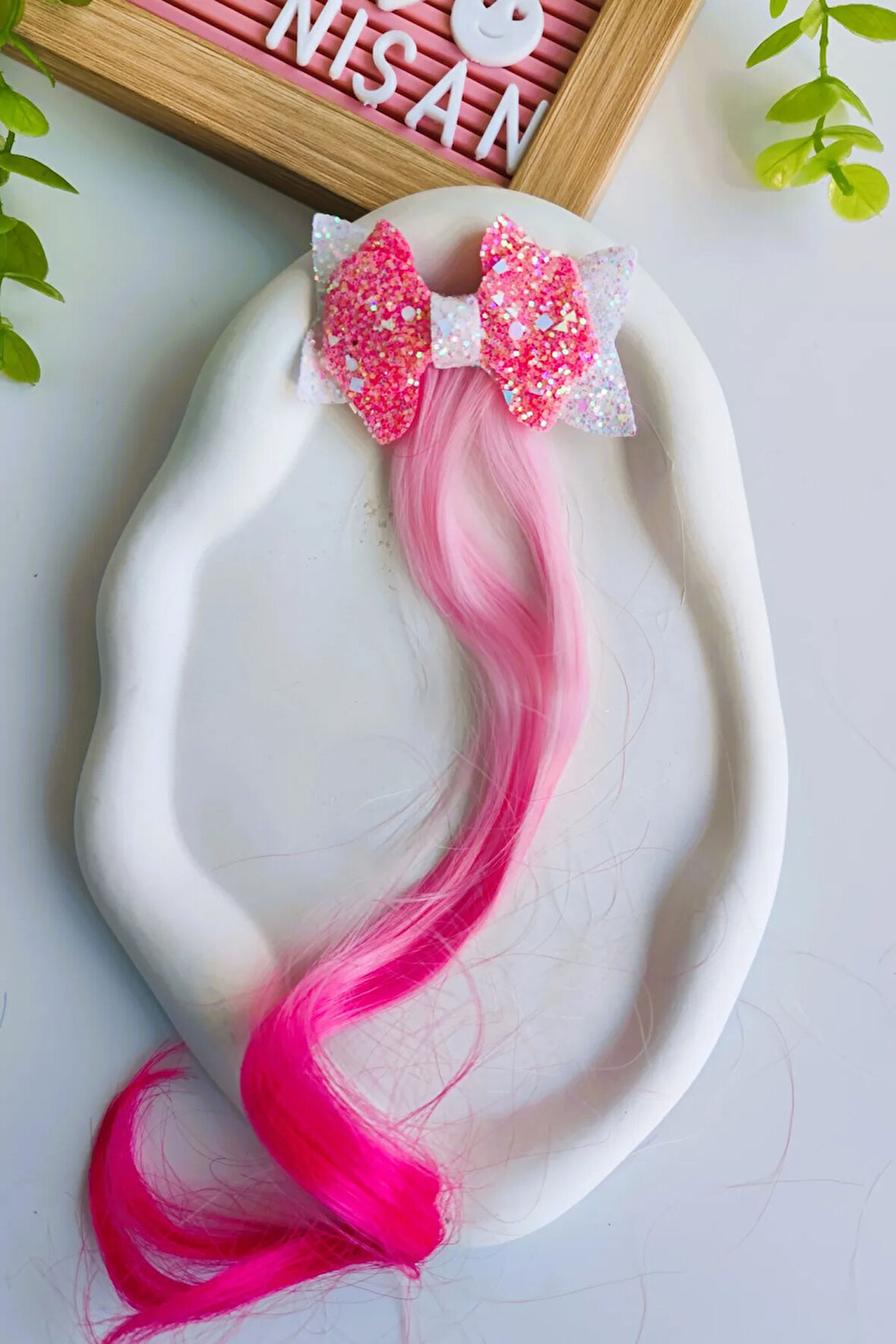 Kız Çocuk Simli Parlak Fiyonk Kurdele Yapay Saç -Postiş 1 Adet