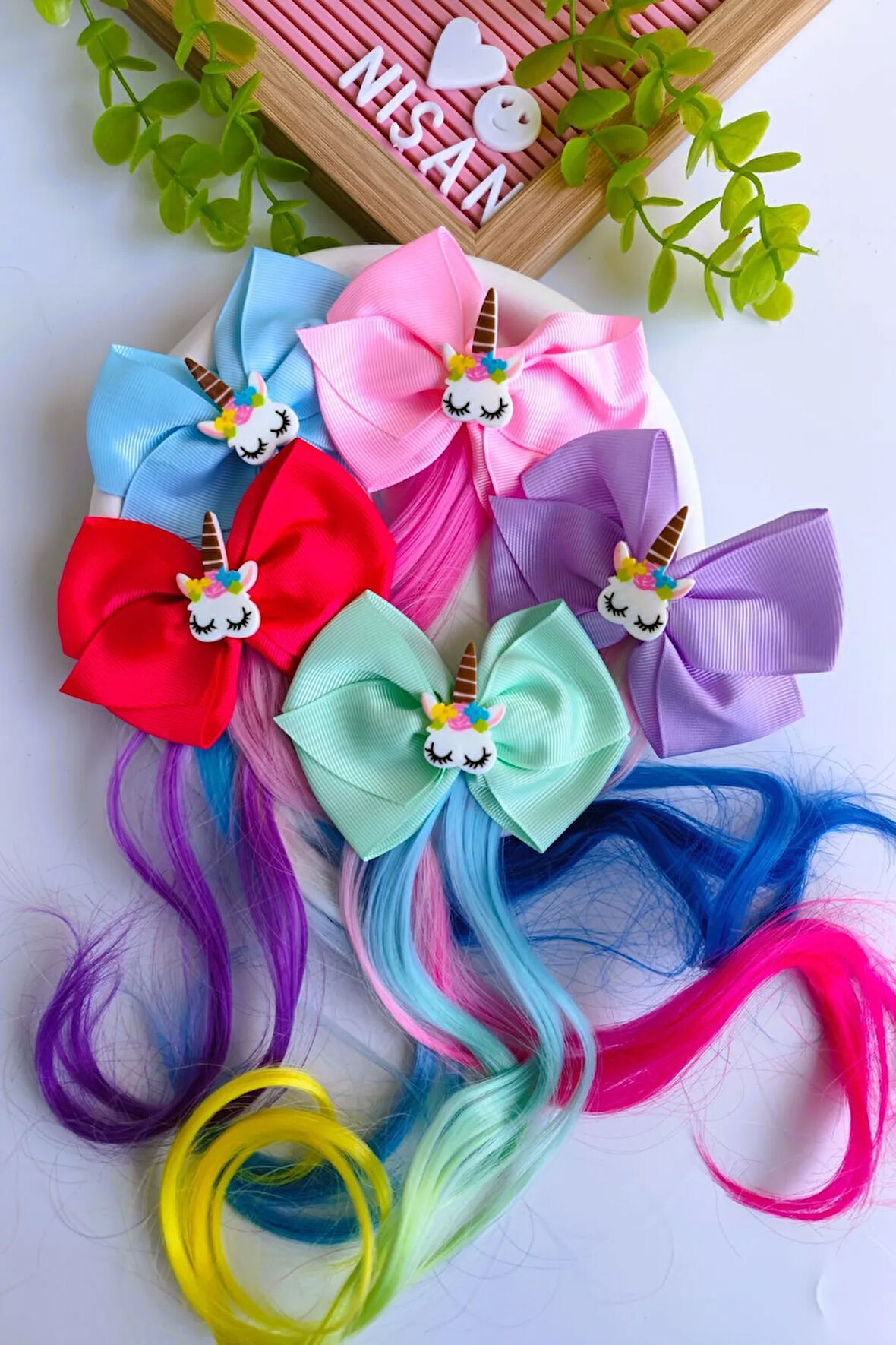 Kız Çocuk Kumaş Fiyonk Unicorn Yapay Saç Postiş 1 Adet