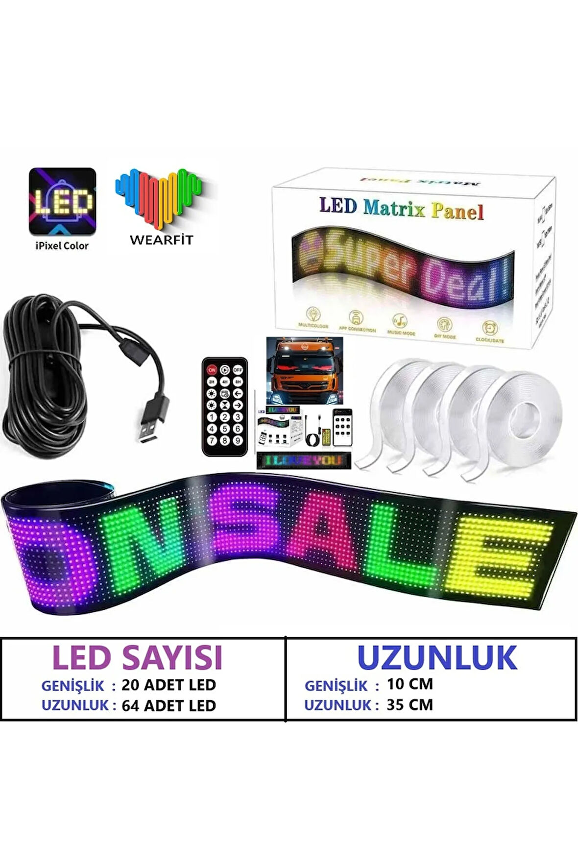 Matrix LED Panel Cama Yapışan Telefon Kontrollü Otomobil Led,Tırcı Kamyon Led Uznluk 35cm-Geniş10cm