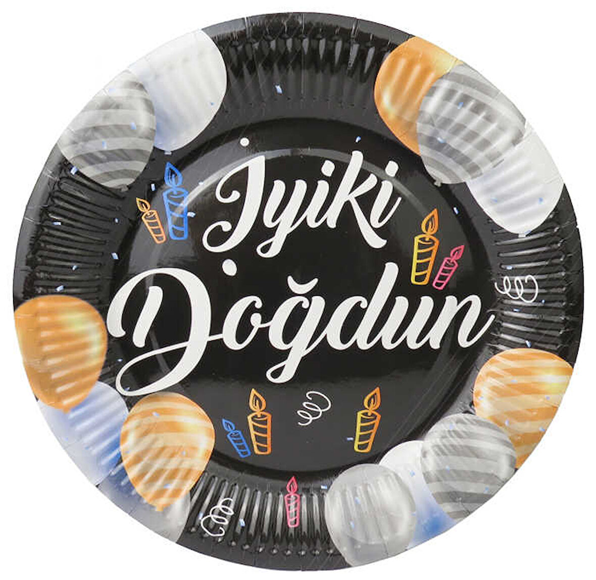 TABAK KARTON İYİKİ DOĞDUN BALONLU SİYAH 23 CM 8 ADET