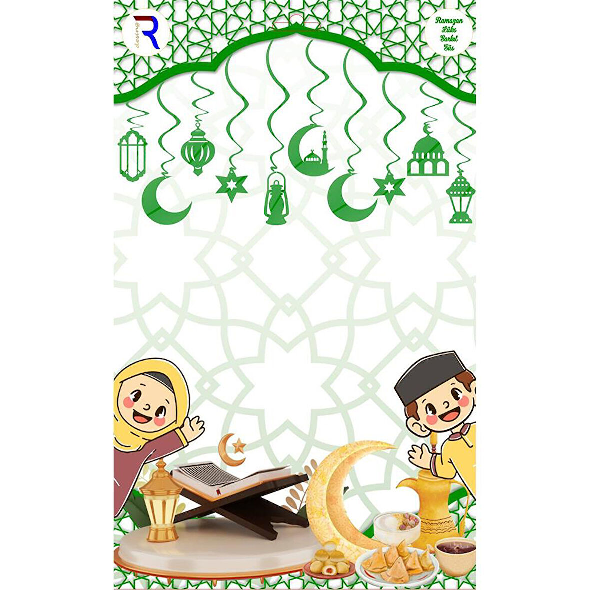 3D Hilal Kandil Ve Ramazan Temalı 10lu Tavan Sarkıt Süsü - Yeşil