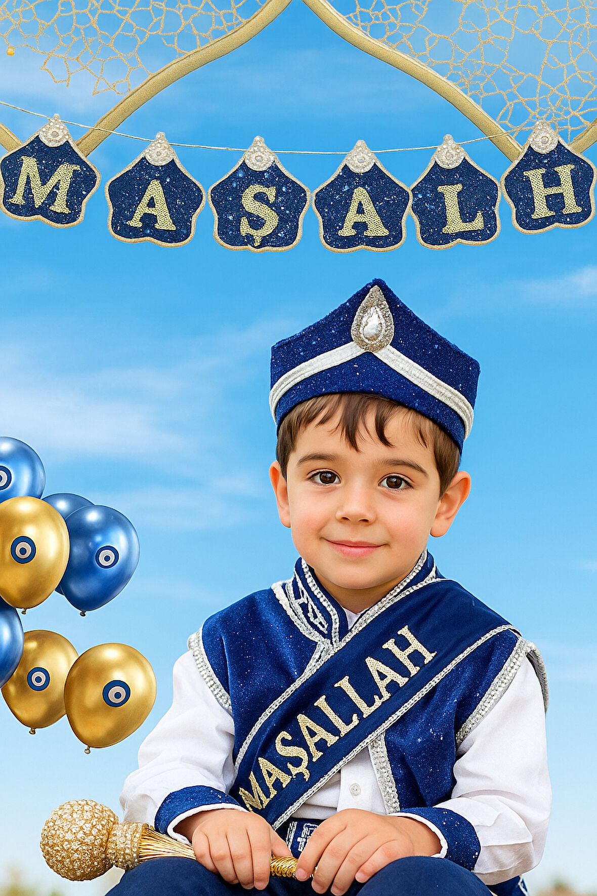 Sünnet Kutlaması Maşallah Yazılı Mavi Gold Dekor Banner Asmalı Maşallah sünnet süsü