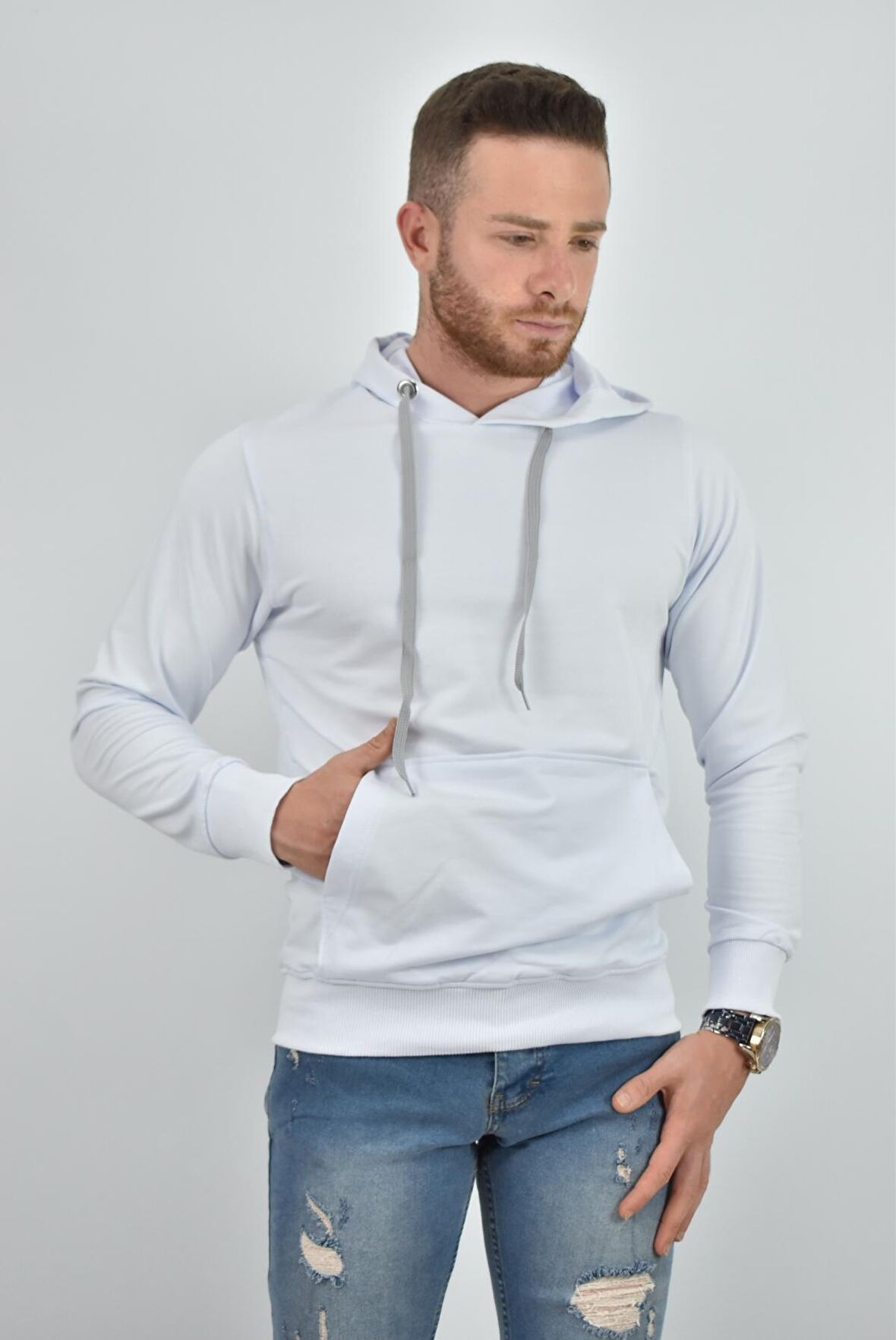 ZİDAN 4657  KAPŞONLU SWEATSHIRT- KANGURU CEPLİ BASİC - BEYAZ