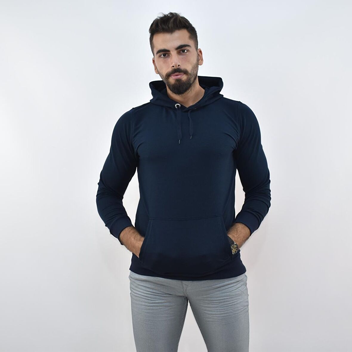 ZİDAN 4657  KAPŞONLU SWEATSHIRT- KANGURU CEPLİ BASİC - LACİVERT