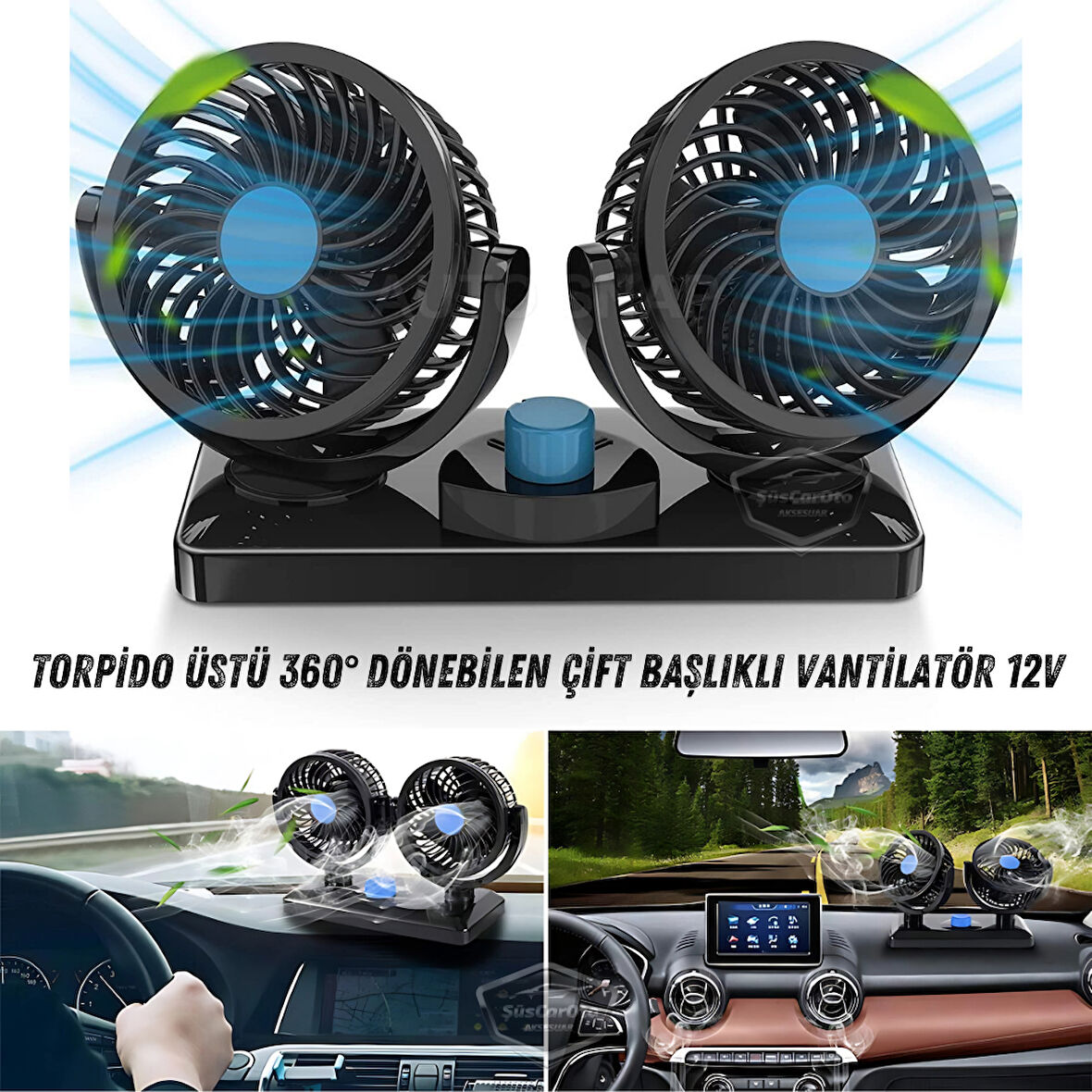 Üniversal Oto Ofis Araç İçi Torpido Üstü Vantilatör Çift Başlıklı Çakmaklık Girişli 2 Kademeli Soğutucu Fan 360° Dönebilen Ultra Sessiz Araç Fanı 12V Mavi