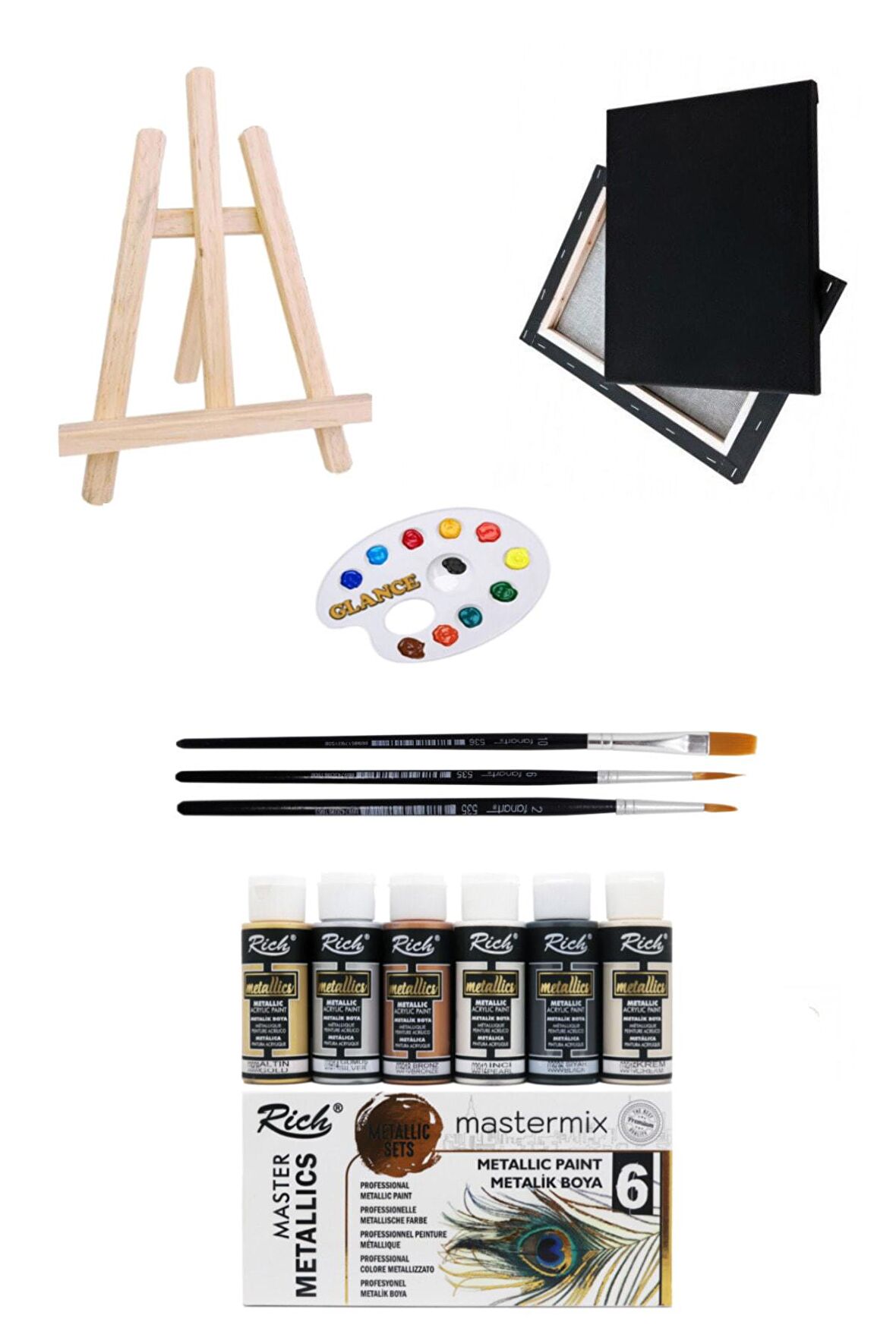 Mini Şövale Rich Master Mix 60cc Akrilik 6'lı Metalik Renk 25x35 Siyah Tuval Akrilik Başlangıç Seti