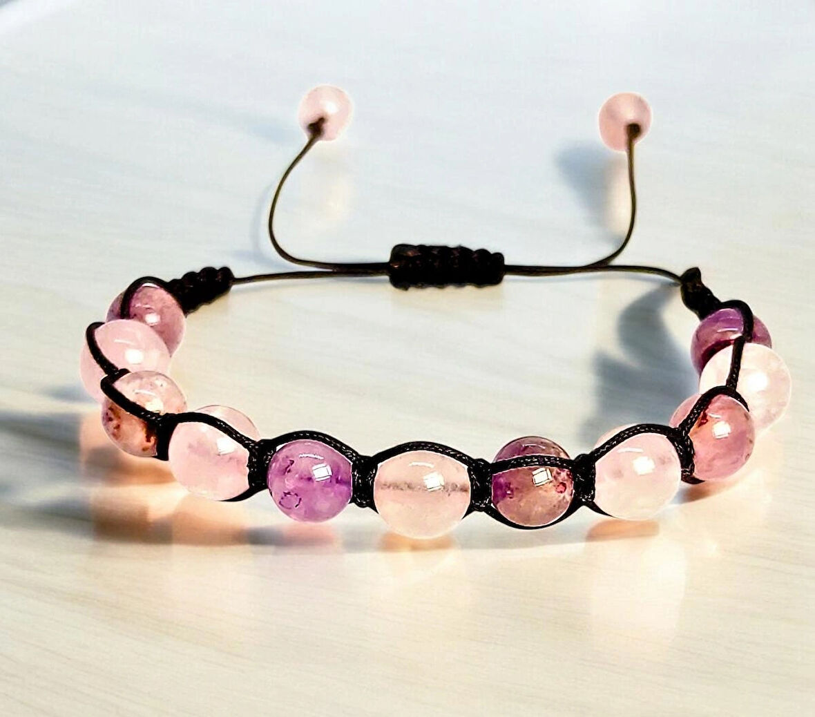 Ametist & Pembe Kuvars Taşlı Paracord Örme Bileklik