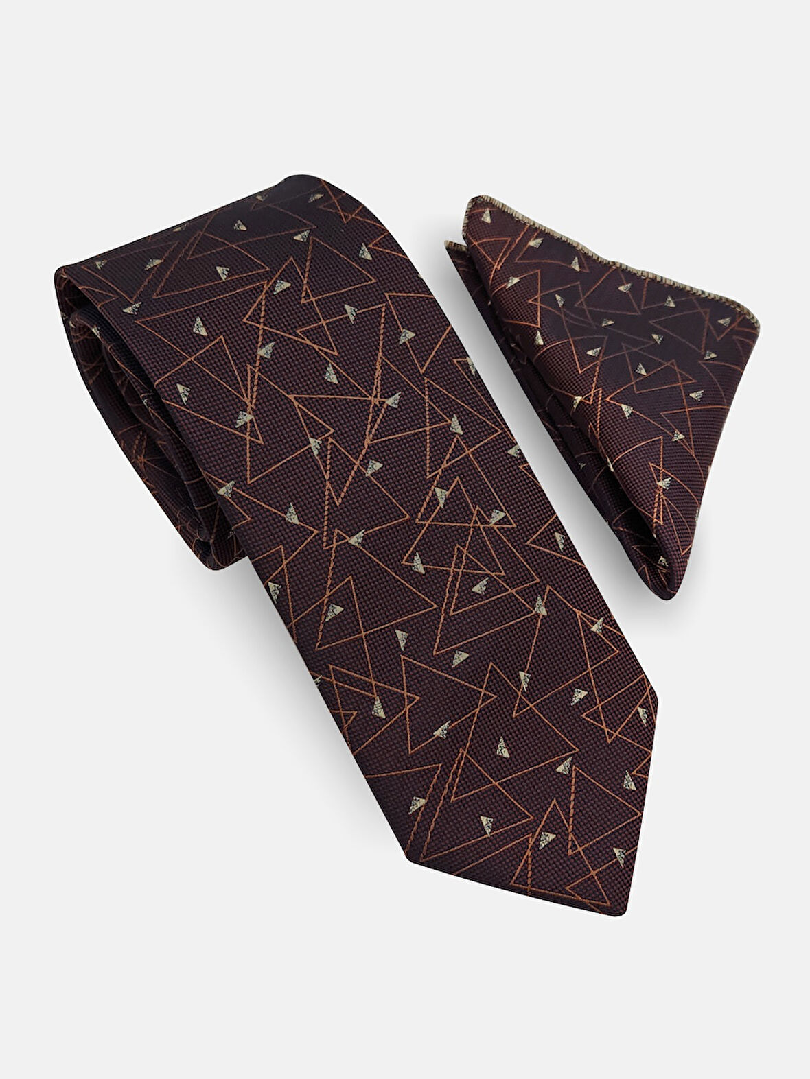 Geometrik Bronz Kravat & Mendil
