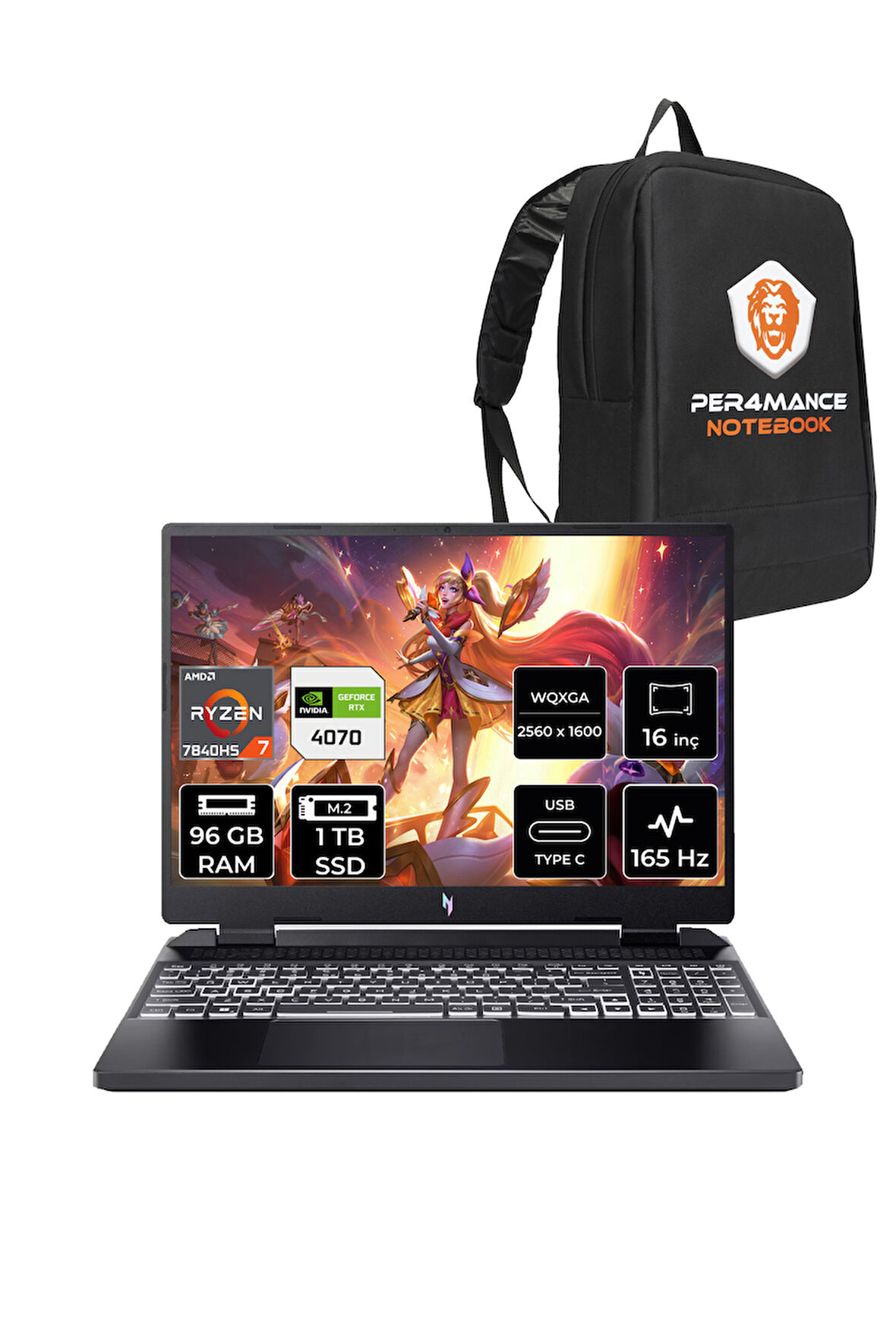 Acer Nitro 16 R7 7840HS 96GB 1TB SSD RTX4070/8GB 165Hz WQXGA 16" FDOS Gaming Laptop & PER4 ÇANTA